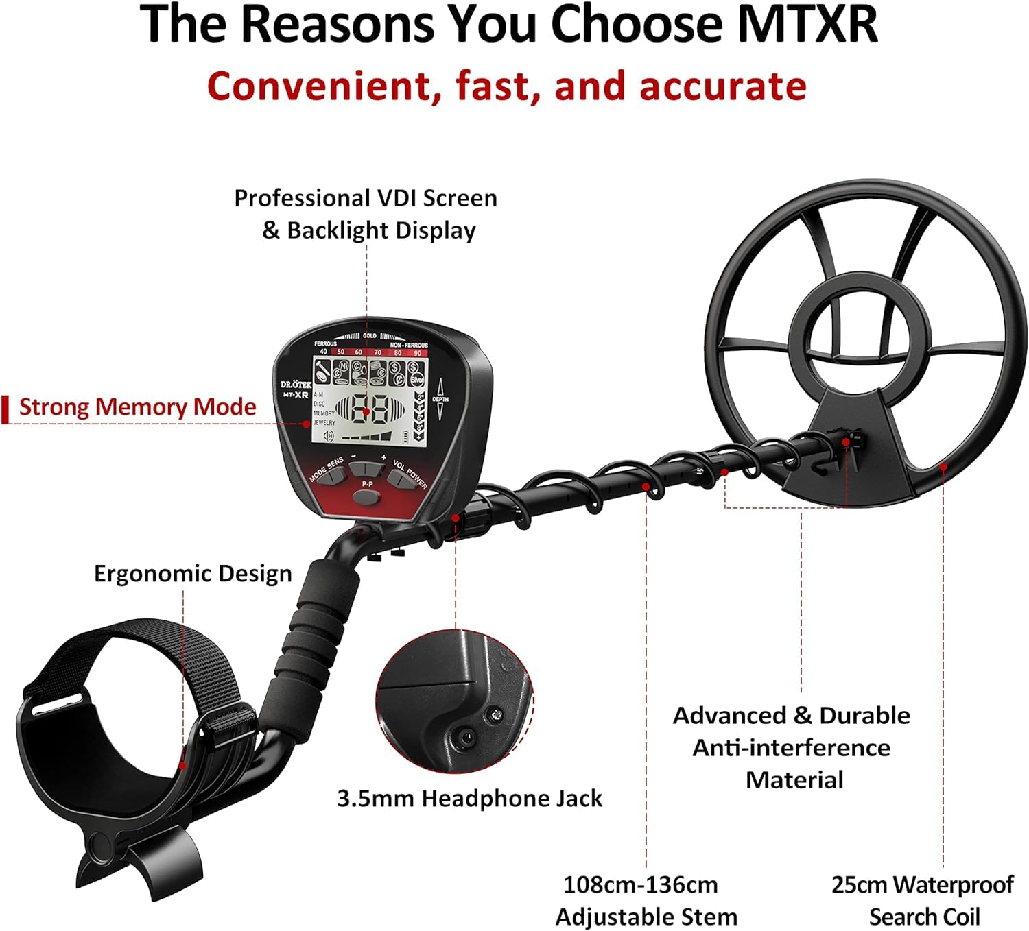 DR.ÖTEK Metal Detector per Adulti Professionali, Leggero Rilevatore, Modalità Pinpoint e di Memoria Esclusiva, Maggiore Precisione, Bobina Impermeabile IP68 (Metal Detector Kit MTXR Rosso)