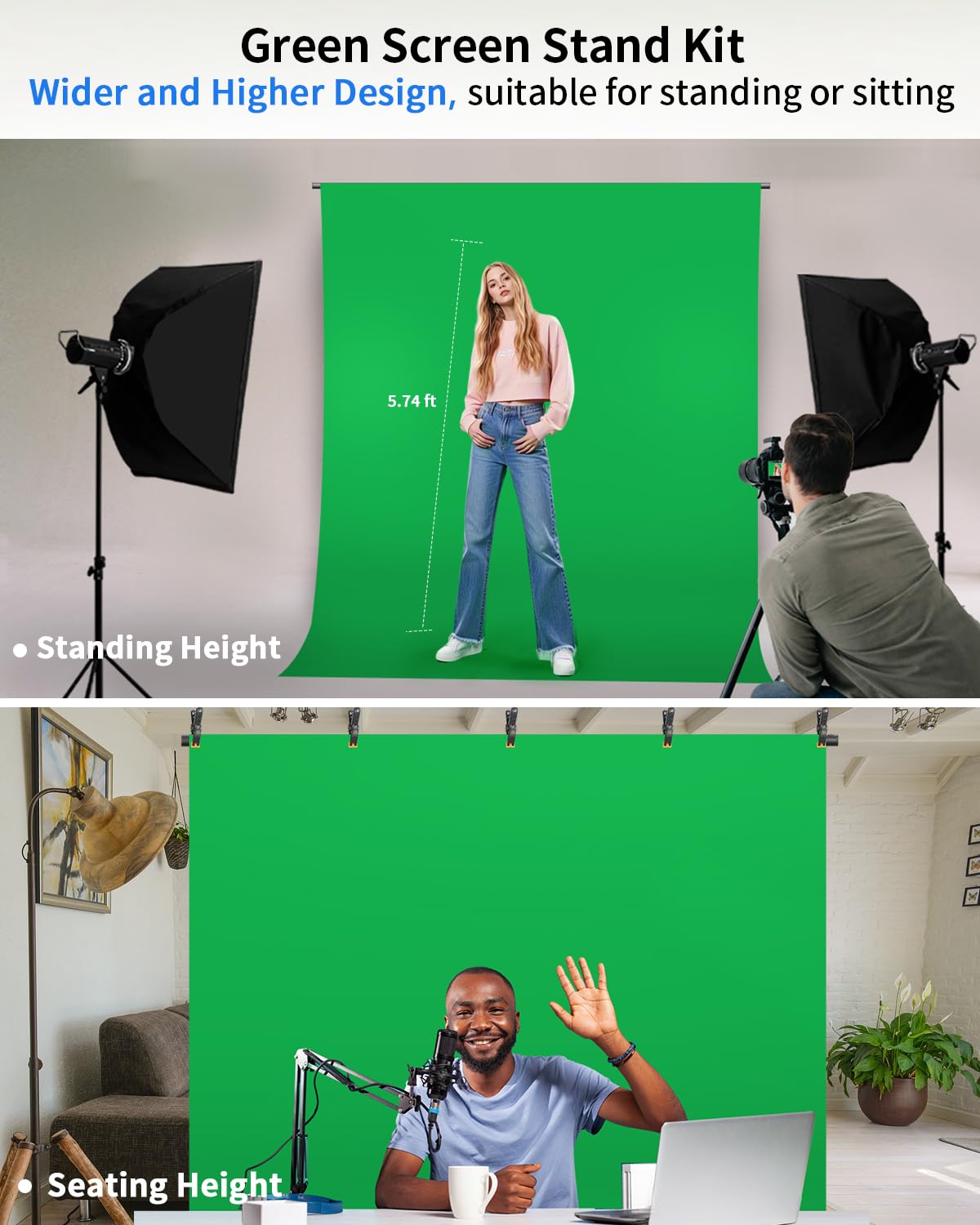 HEMMOTOP Kit sfondo verde per schermo verde, 2,4 x 2,1 m (altezza x larghezza), schermo verde più ampio con supporto, sfondo verde chromakey portatile con supporto, morsetti a molla, custodia per zoom