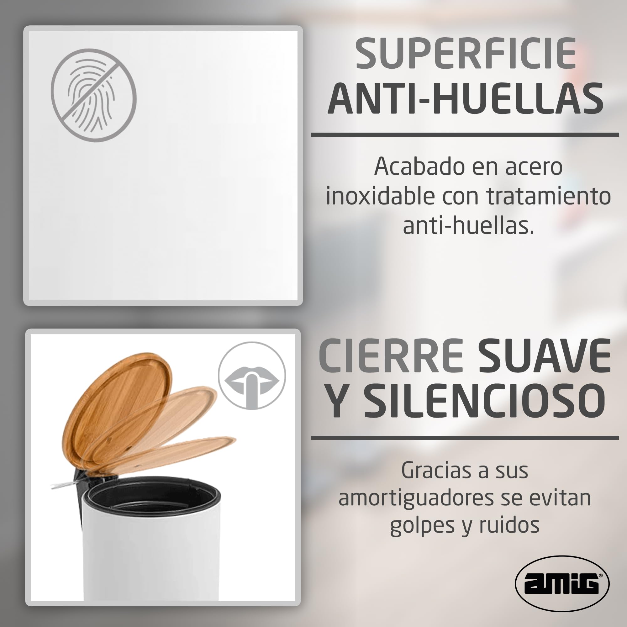 Amig - Cubo de Basura para Baño con Pedal 3 Litros Mod. Naturline - Color Blanco y Bambú - Apertura Higiénica sin Manos - Ø16,8 x 23 cm - Acero Inoxidable Lacado - Papelera Redonda con Tapa Hermética
