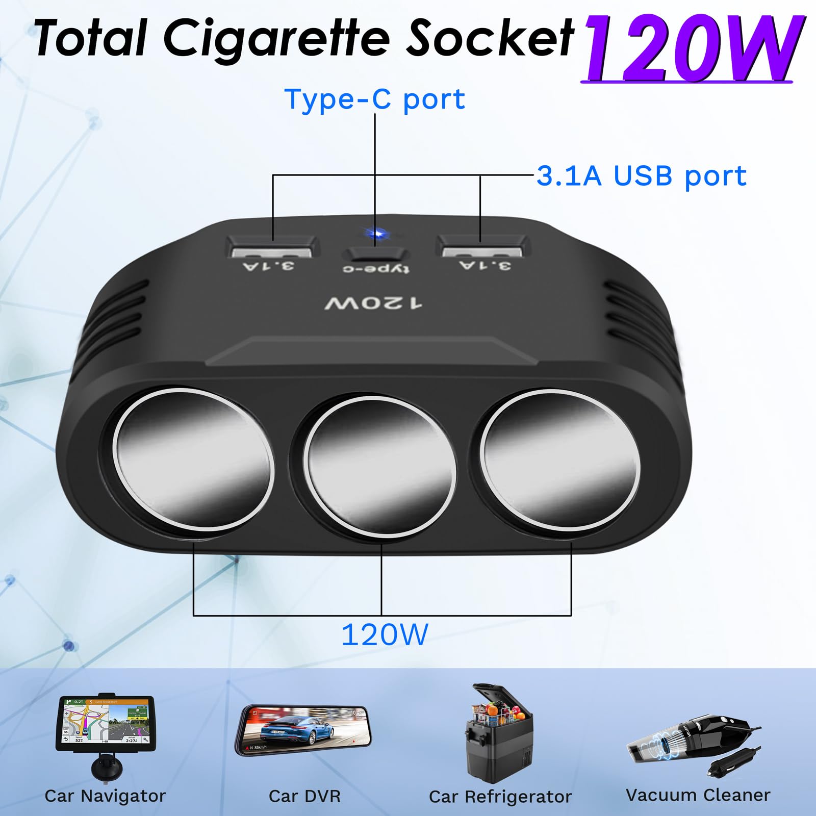 Chargeur Allume-cigare Double USB QC3.0 + PD 120W - Avec Voltmètre LED - Charge Rapide Voiture 12V/24V - 9
