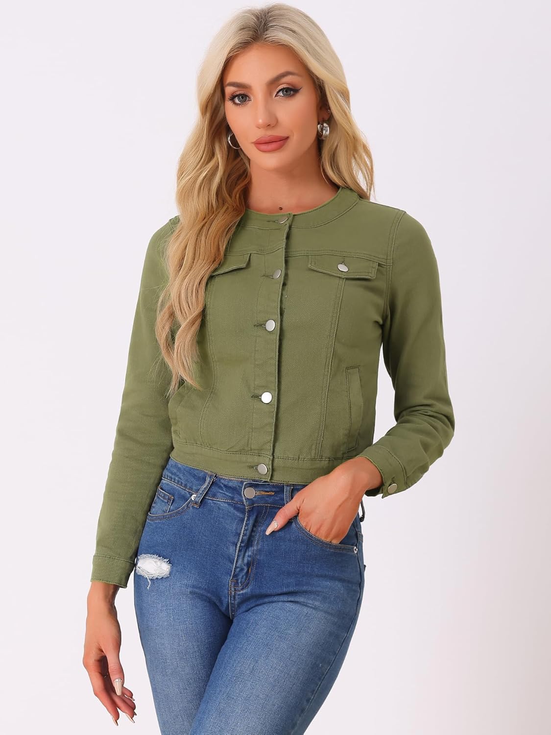 Allegra K Women's Denim Jacket Collarless Round Neck Button Down Long Sleeve Jean Jackets - Image 3