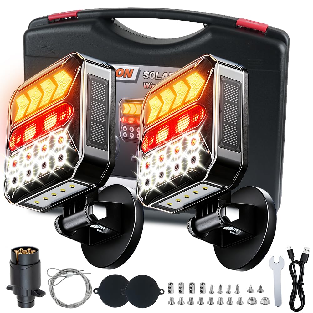 12/24V Solar kabellose magnetische LED Anhänger Rückleuchten Set, Bluetooth, 7-pol Stecker & USB-C, IPX6 wasserdichte Heckleuchten mit Doppelstahlseilen, für Anhänger LKW Wohnwagen Traktor | 7-poliger Stecker & USB-C, IPX6 wasserdichte LED-Rücklichter mit