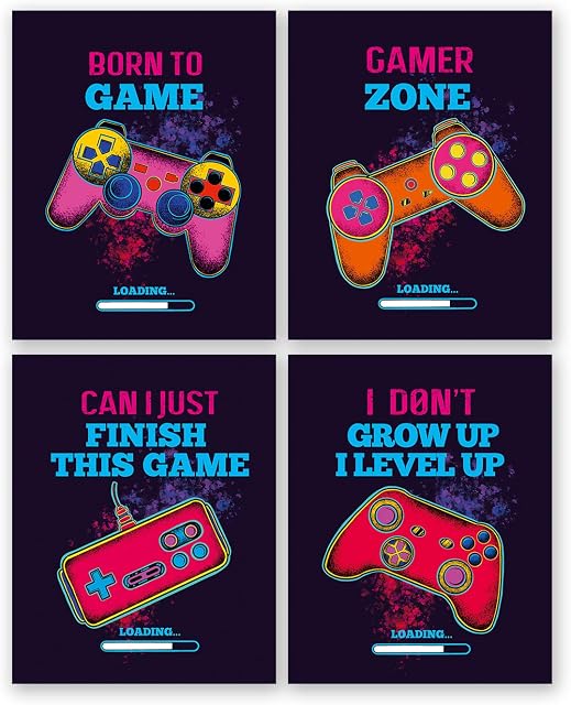 Funny Video Game Art Print, Inspirational Words Quote Poster Set of 4 (8 X10 )Canvas Gaming Wall Art For Kids Boy Bedroom Playroom Home Decor,Unframed