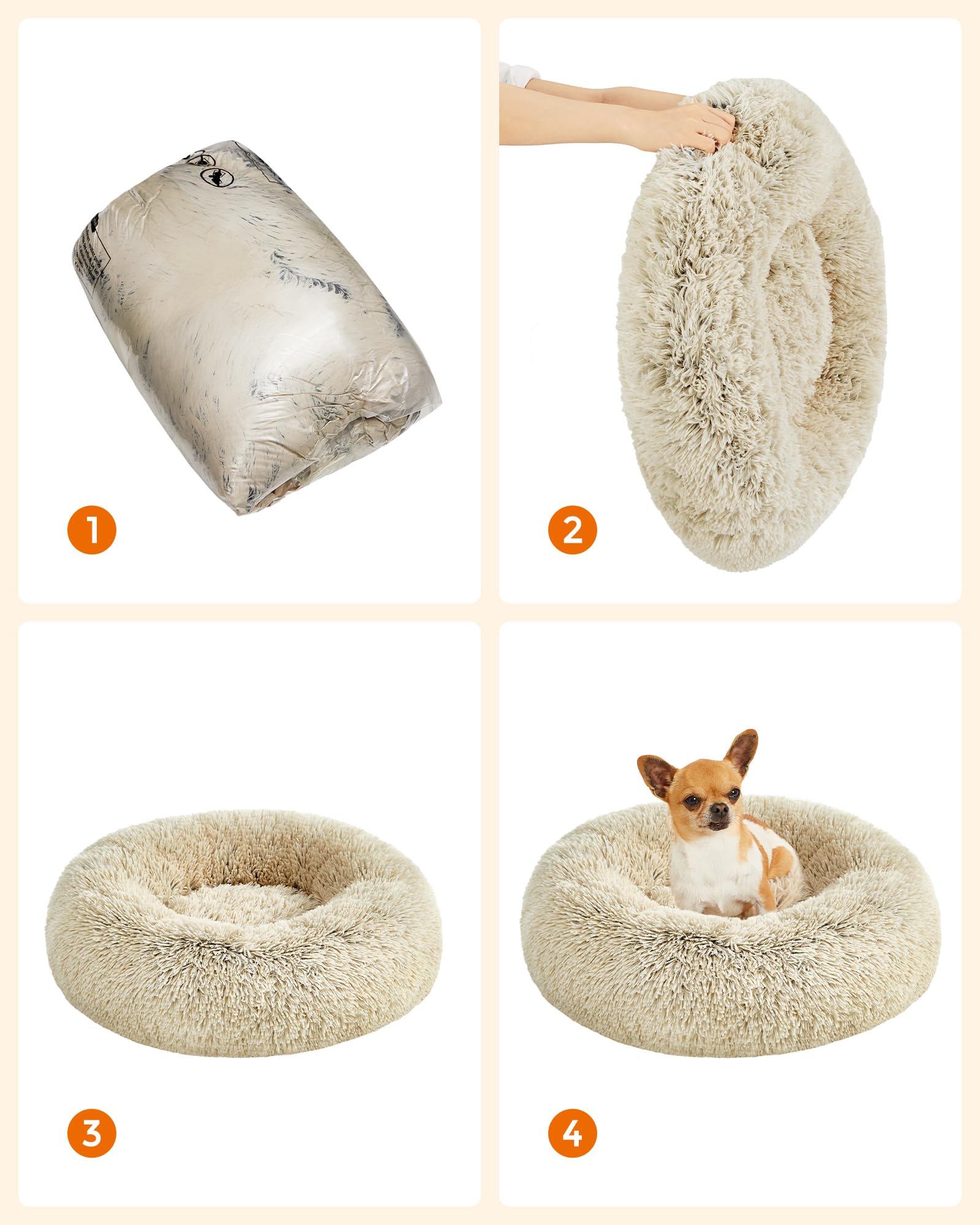 Feandrea Cuccia Cane Interno, Cuccia per Cani, Lettino per Animali Domestici a Ciambella, Cuscino Sfoderabile e Lavabile, Tappeto di Peluche, Diametro 60 cm, Cachi Ombré PGW038S01