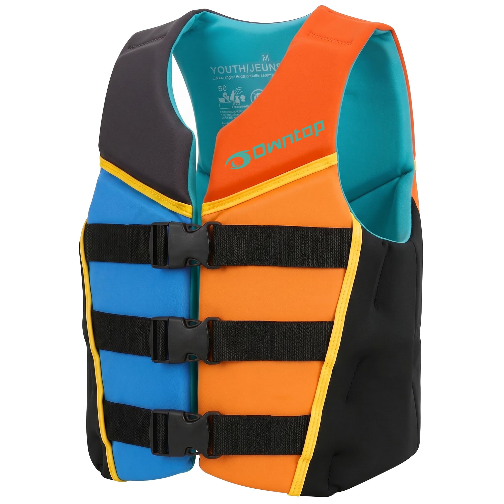 Owntop Gilet da Nuoto Junio, Aiuto al Galleggiamento in Neoprene per Ragazzi e Bambini con Tre Cinghie di Sicurezza Regolabili, Gilet Galleggiante Leggero per Kayak, Barca e PaddleMulticoloreL