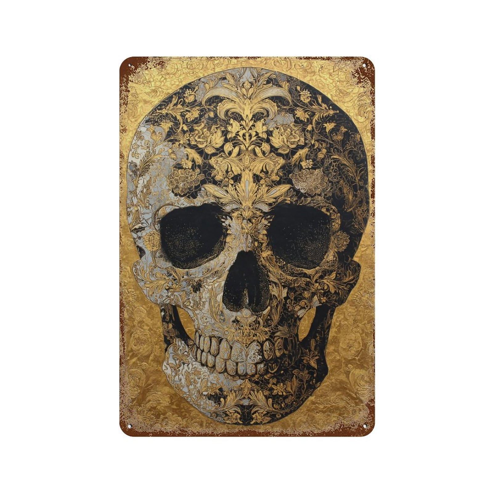 Golden Skull Art Print 11.8"x7.9" Weathered Tin Sign, Shabby Chic Decor for Farmhouse, Kitchen And Entryway Decor