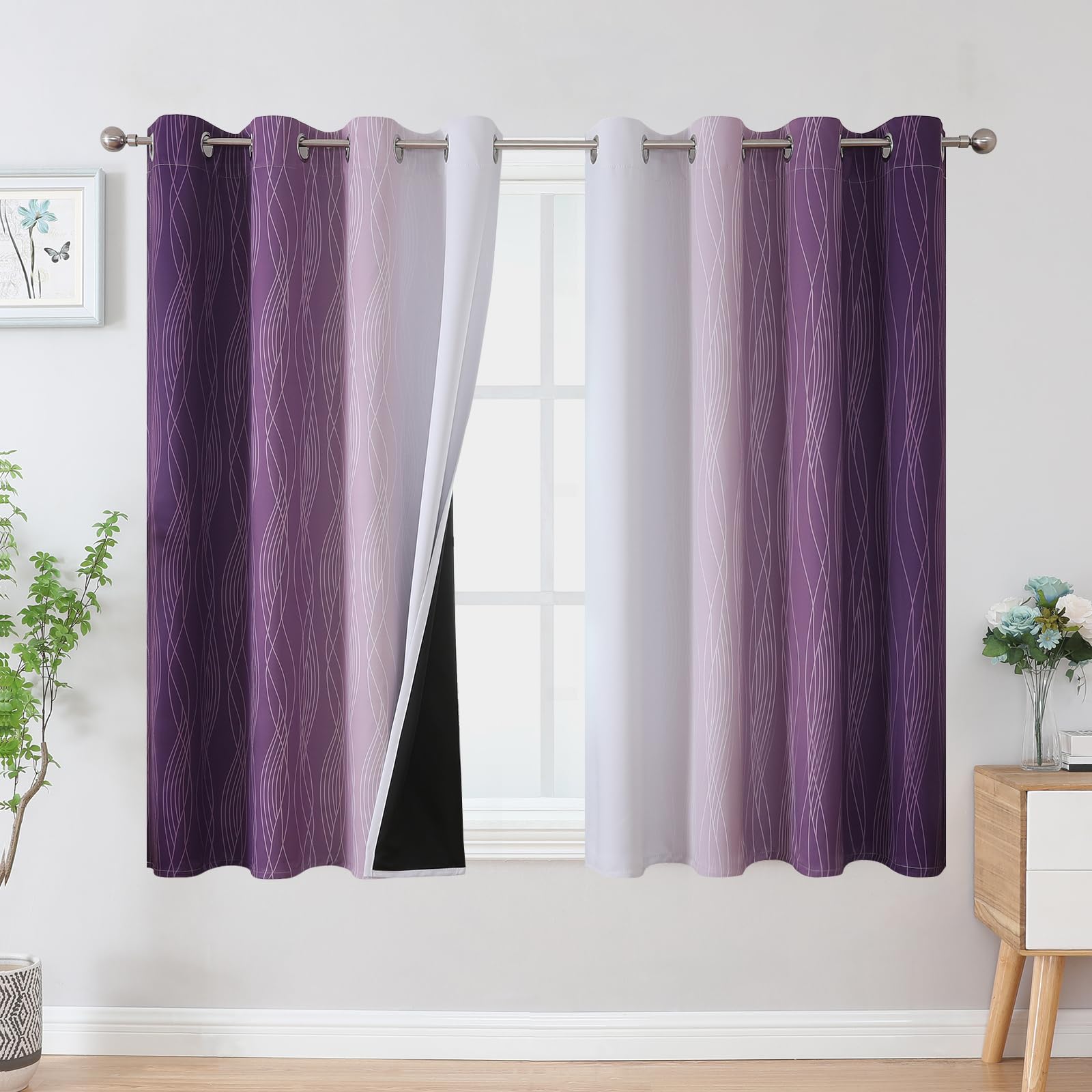 Estelar Textiler Purple and Greyish White Blackout Curtains 45 Inch Length, Light Blocking Gradient Drapes for Kitchen, Thermal Insulated Grommet