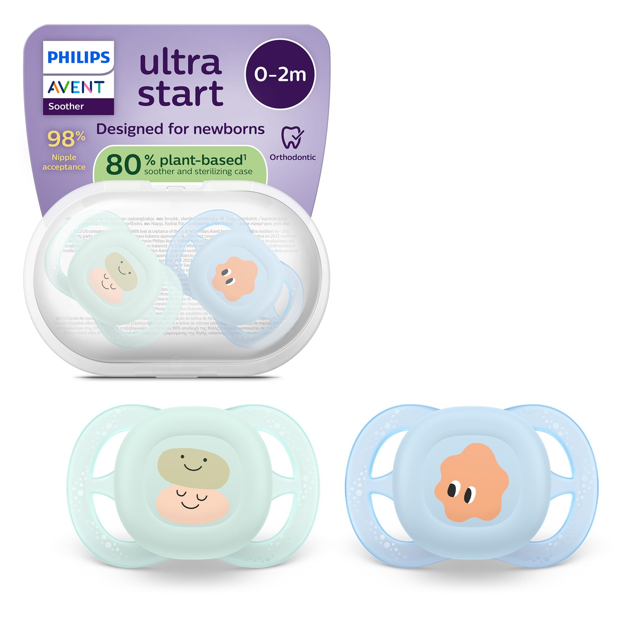 Philips Avent Ultra Start Soother - Orthodontic Design, for Newborns, Soft Silicone Symmetrical Teat, BPA-Free, with Sterilizing Case, 2 Pack, SCF075/14
