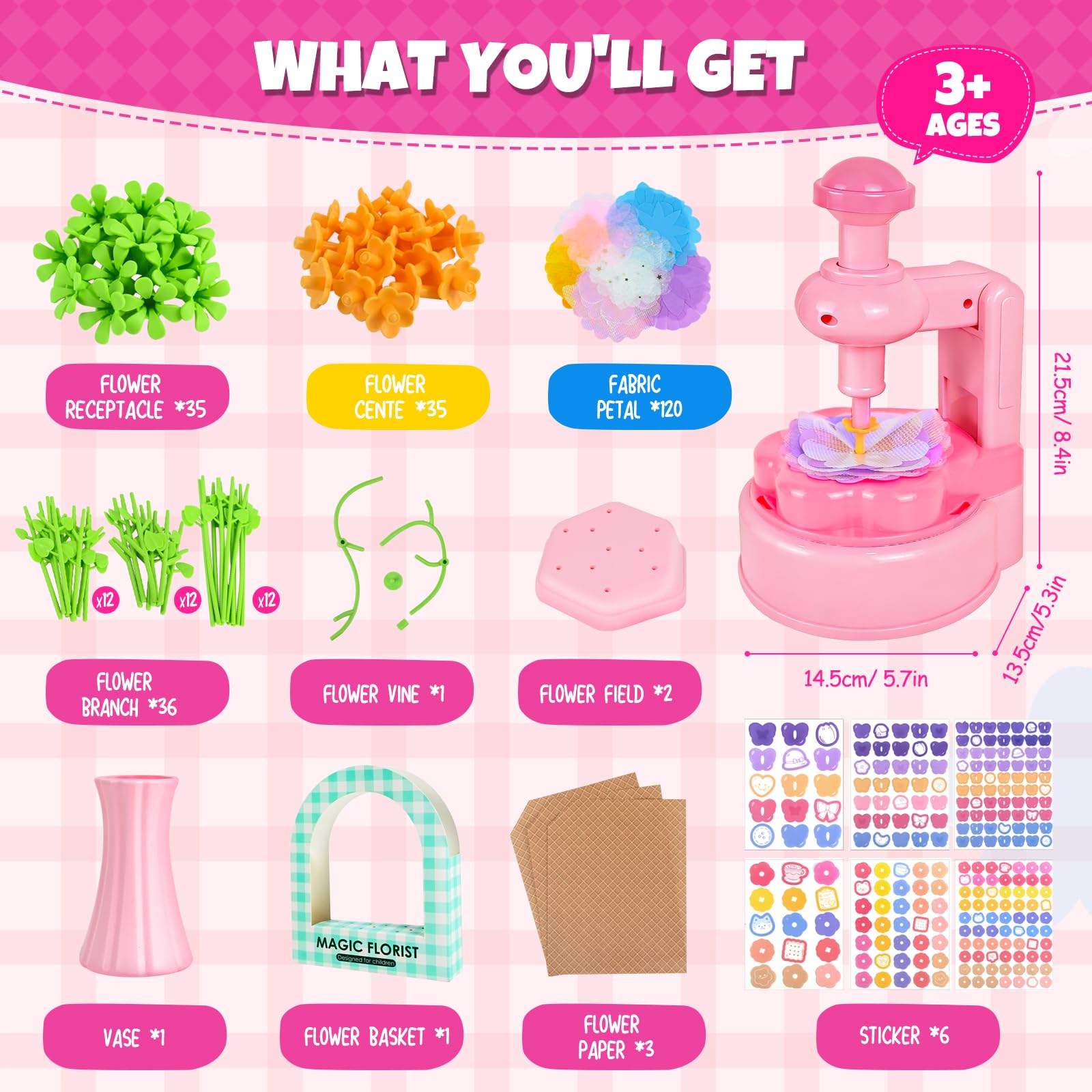 Joellfuner Fabrique de Fleurs Enfant, Kit de Bouquet de fleurs DIY pour Enfants, Création Bouquet de Fleurs avec Machine à Fleurs, Jouet Fleurs Activité Manuelle Enfant Fille 3 4 5 6 7 Ans, Rose