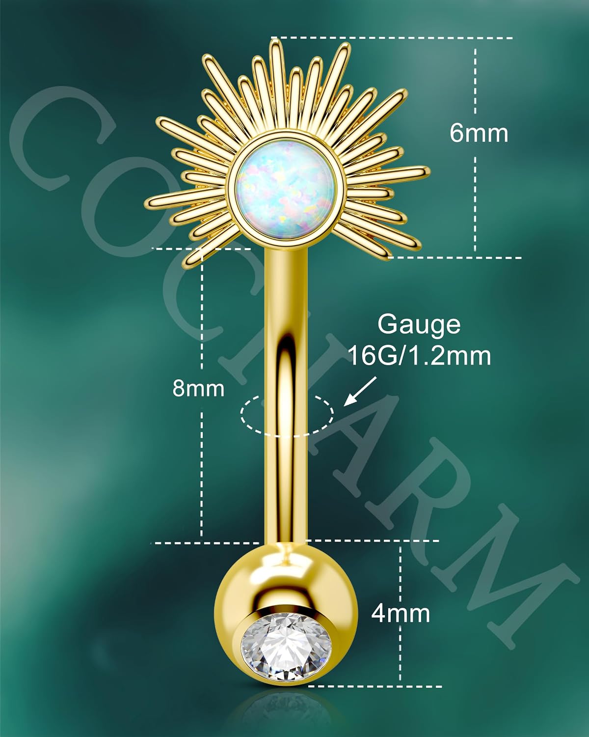 COCHARM Cute Half Sun Opal Rook Earring, 16g Cute Gold Rook Piercing Jewelry 8mm, Silver Eyebrow Jewelry