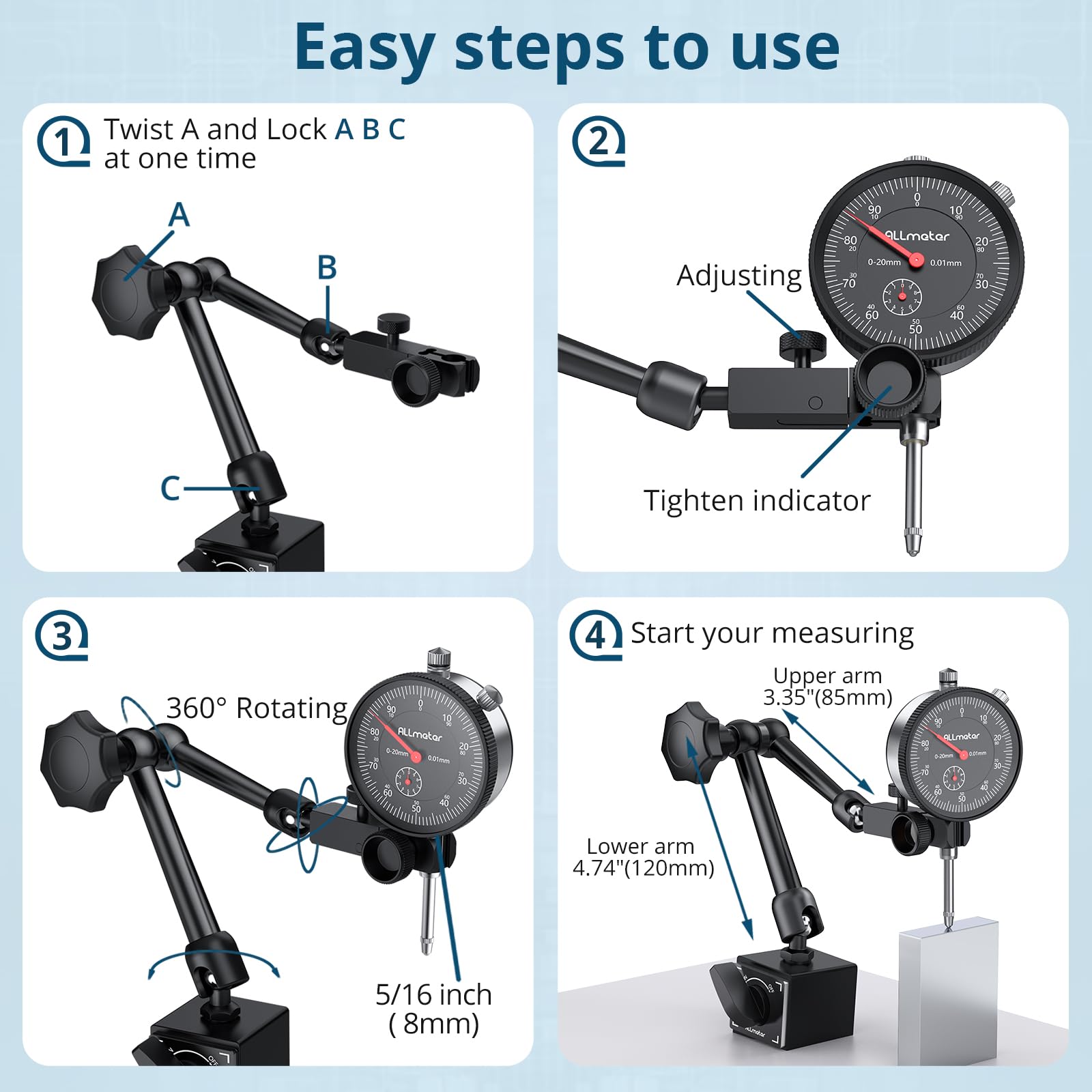 Micromètre comparateur mecanique 0-20 mm avec Base magnétique Traction max 60kg 3 Articulations flexibles et réglables Pour tours-fraiseuses CNC et contrôle de pièces de précision