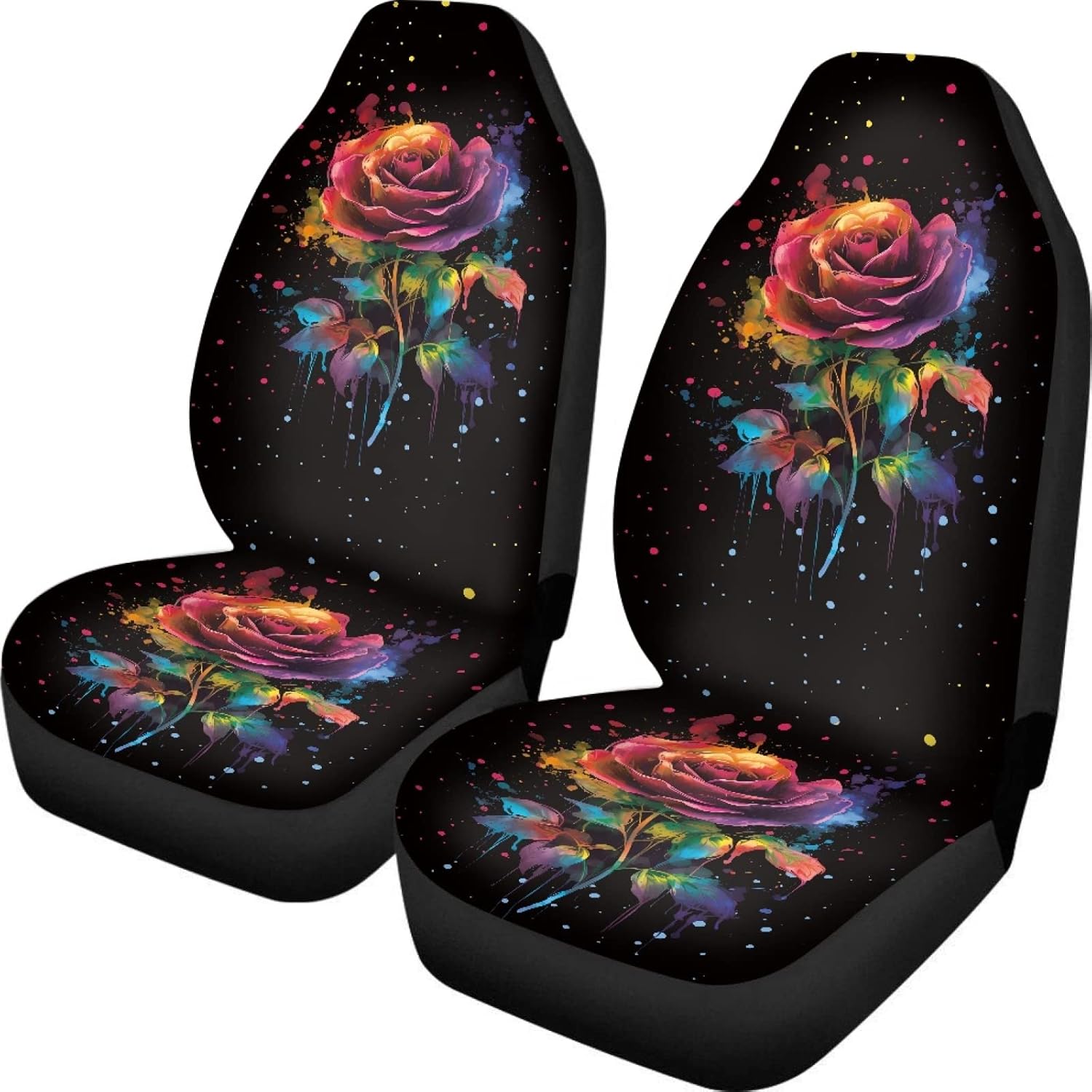 Howilath Car Seat Covers Set of 2, Rainbow Splashed Rose Flwoers Print Auto Accessories Protectors Car Decor Universal Fit for Car Truck SUV