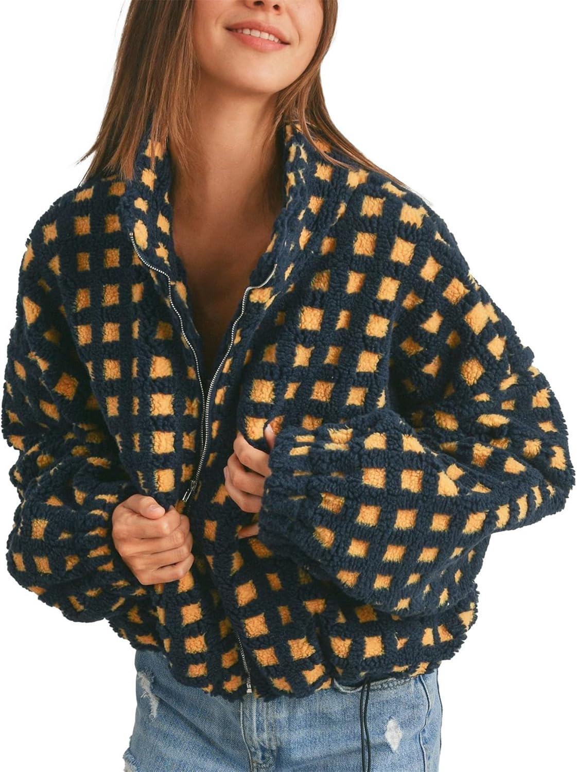 Womens Checkered Sherpa Jacket Cropped Long Sleeve Plaid Fleece Coats Casual Zip Up Gingham Outwear with Pockets