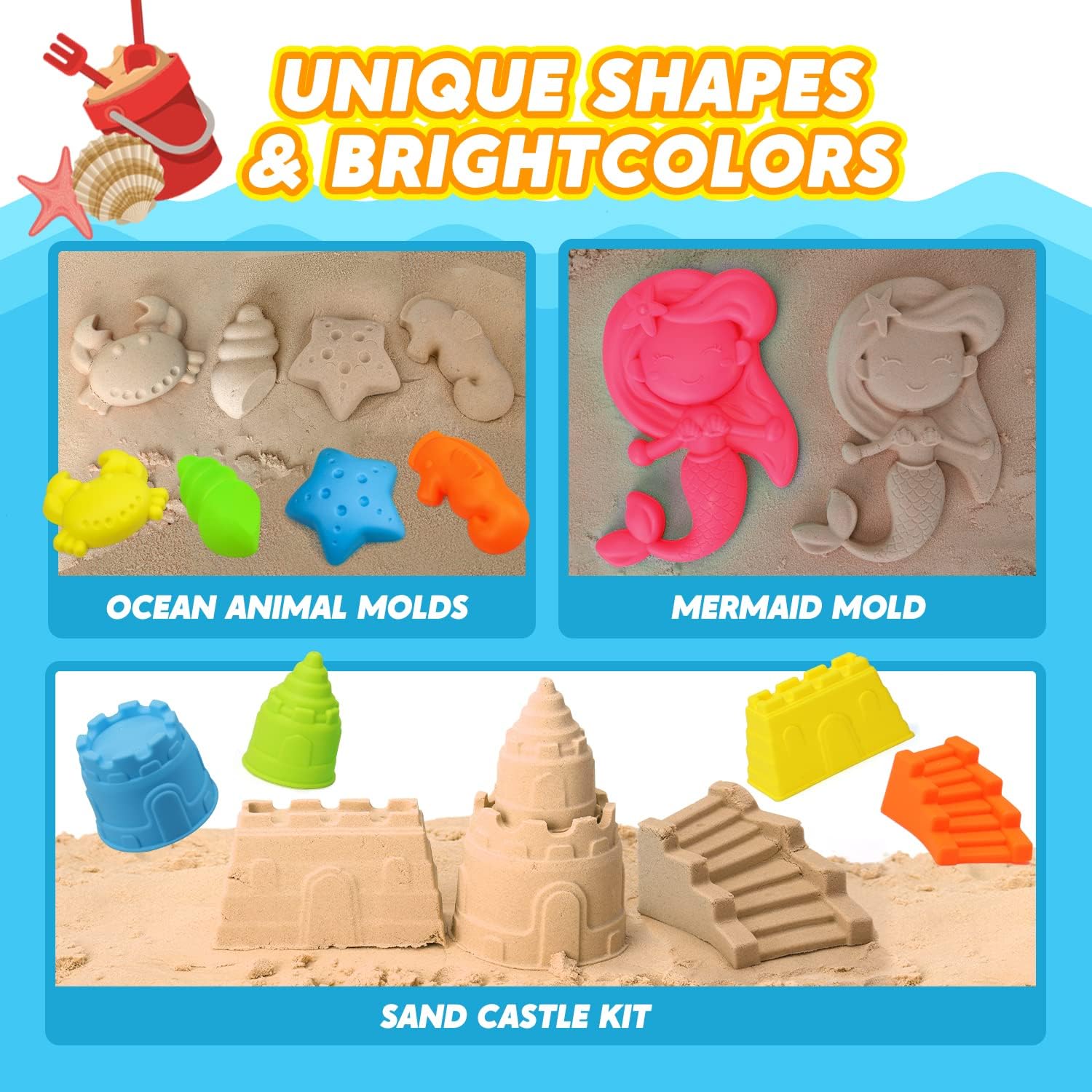 TOY Life Beach Sand Toys for Kids - Mermaid Beach Toys for Kids 3-10, Toddler Sandbox Toys with Beach Bucket, Sand Shovels, Sand Castle Molds, Animal Molds, Mesh Bag, Sand Toy for Girl Baby Toddler