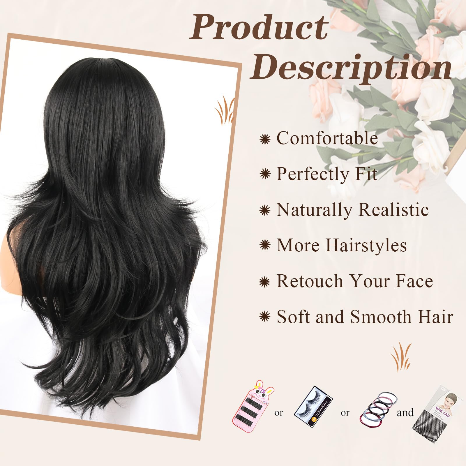 Synthetic Wavy Layered Wig with Curtain Bangs Butterfly Haircut Glueless Cap Amazon.com : Aisaide Long Wavy Black Layered Wig with  main image 2