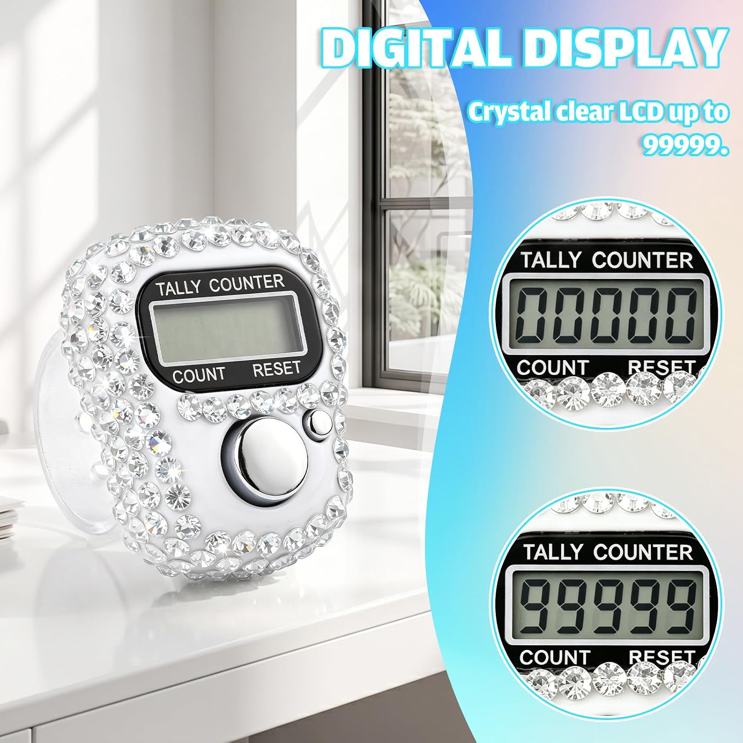 12 Pack Rhinestones Finger Counter, Clicker Counter with 5-Digit Display | 12 Colors Tally Counter Clickers for Running, Golf, Knitting & Inventory, Resettable Electronic Clicker for Daily Use