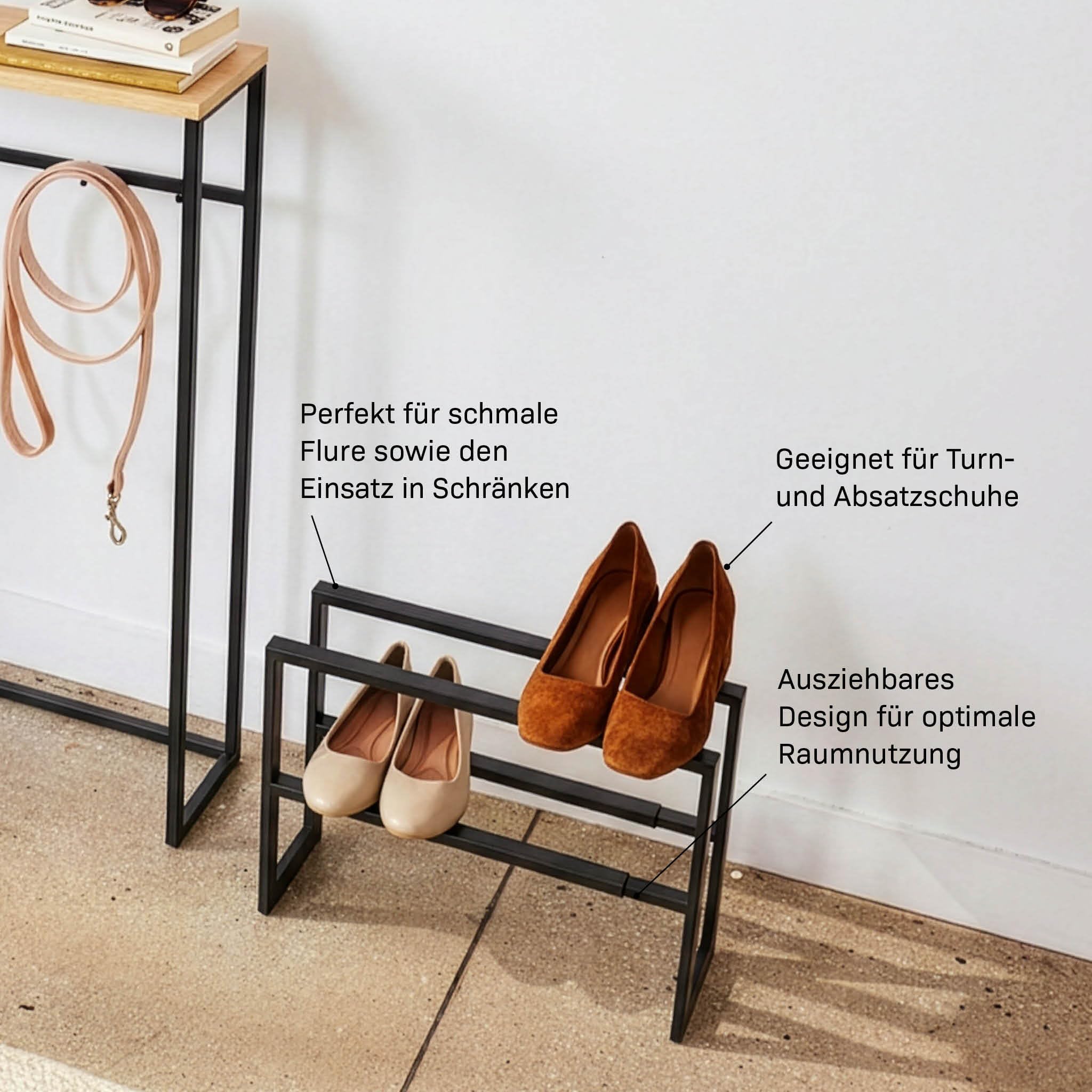 YAMAZAKI Line 2-stöckiges ausziehbares Schuhregal, schwarz