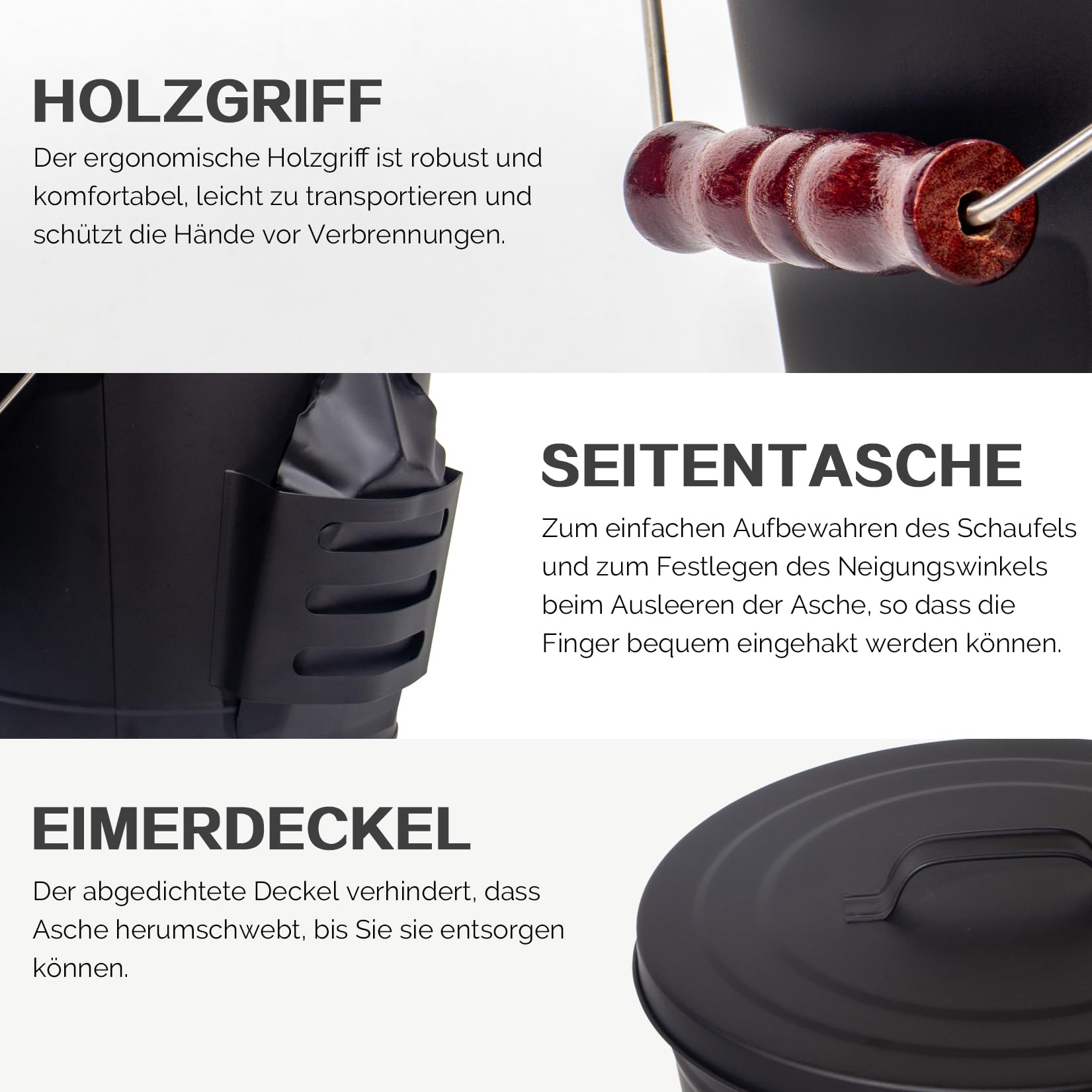 Theo&Cleo Ascheeimer mit Deckel und Schaufel, 20L Feuerfest Metalleimer, Kohleeimer für Kohle und Asche, Kamin, Ofen, Grill (Schwarz-20L)