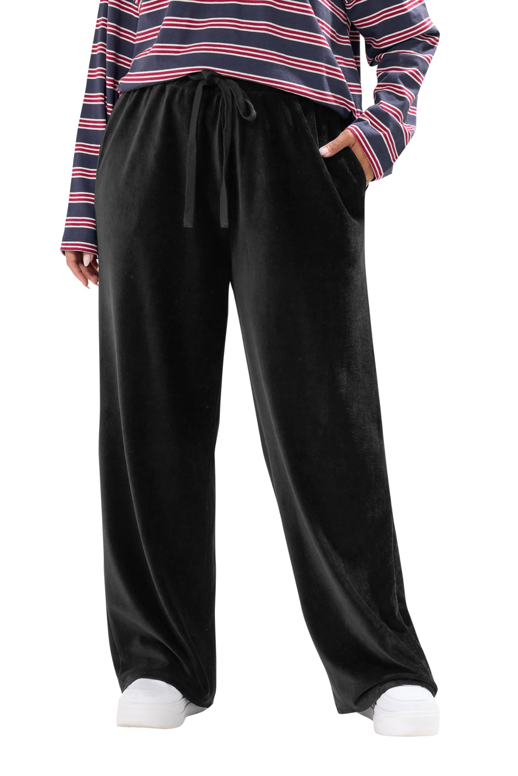 Yours Women's Cord Drawstring Wide Leg Trousers in Black | Size: 16