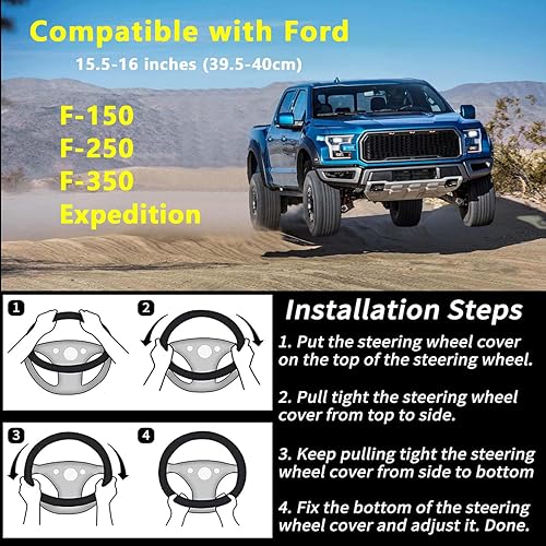 Miniatura 6 de Funda de cuero para volante de automóvil para Ford F150 F250 F350, de 15.5 a 16 pulgadas, con partículas de masaje antideslizantes (marrón)