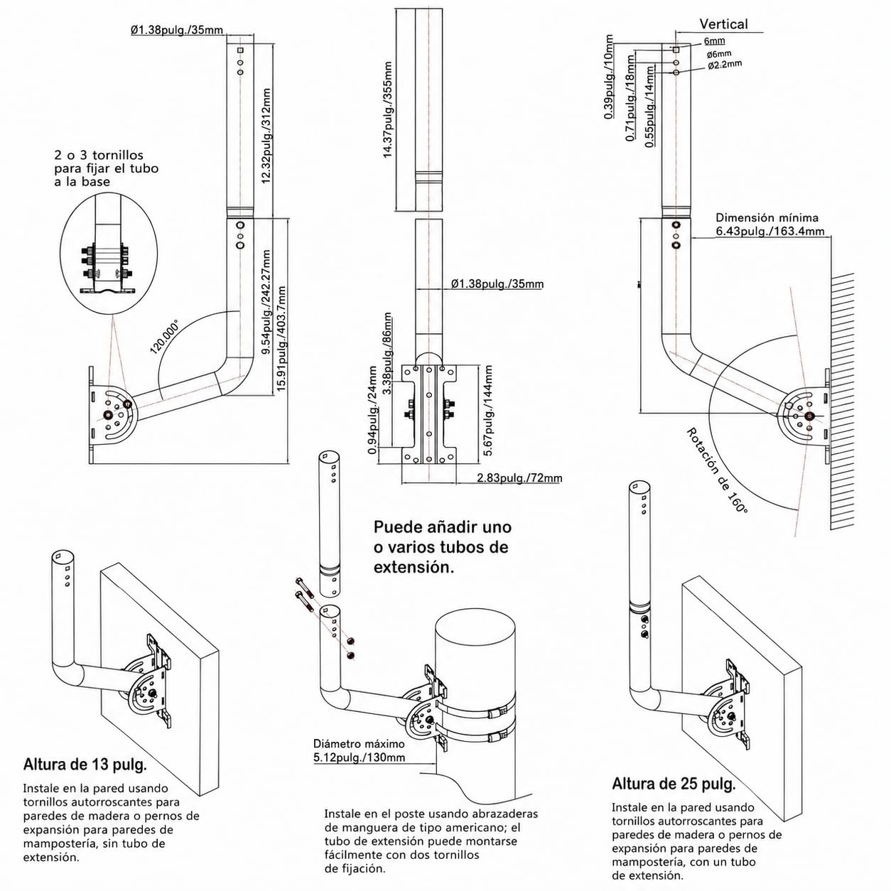 Mástil de Antena Universal para Antena de TV, satélite, Radio y WiFi, Soporte Ajustable y Soporte de Pared (Negro - 52 cm)