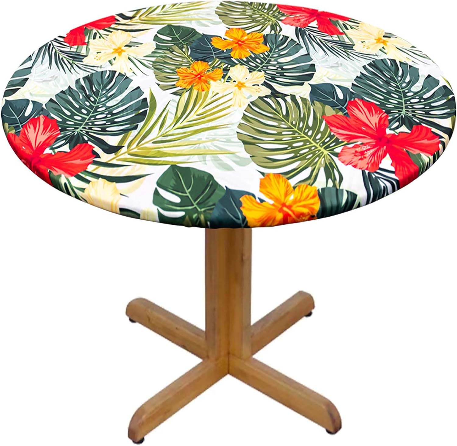 VVA Tropical Elastic Round Fitted Tablecloth Stain Wrinkle Resistant Reusable Washable Hawaiian Round Table Cloth for Family Dinner Patio Party Indoor Outdoor Fit Table up to 45-55
