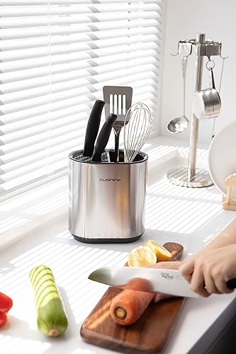 Miniatura 5 de Bloque de cuchillos y soporte para utensilios para organización de almacenamiento de mostrador de cocina, soporte de acero inoxidable con bandeja de