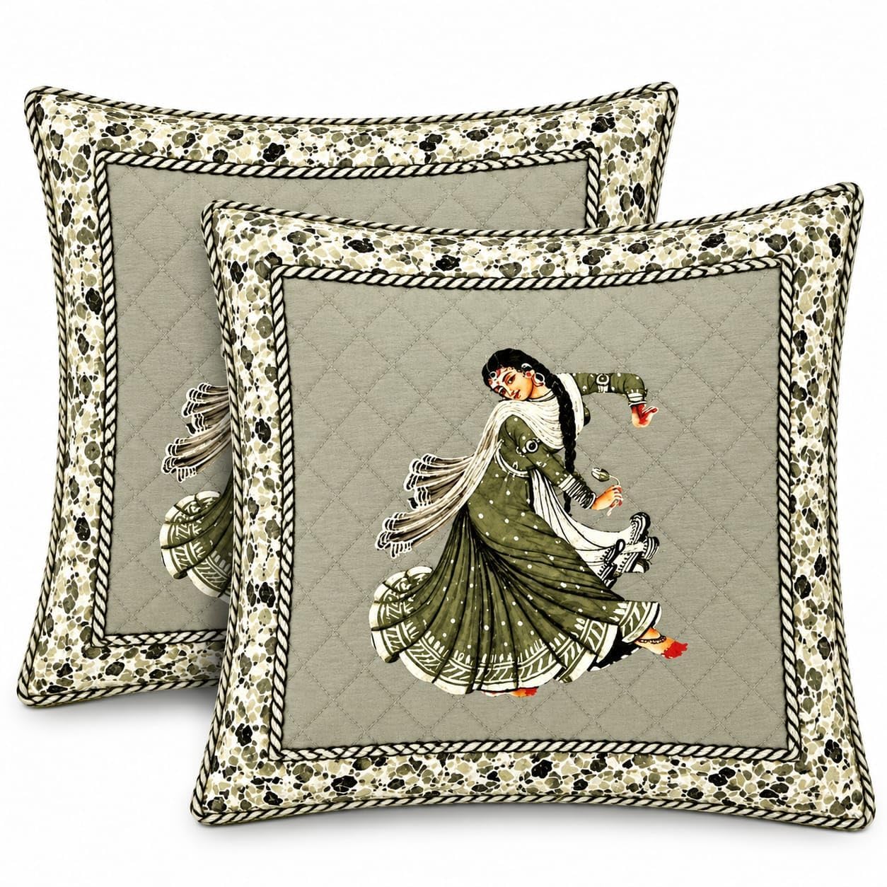 Decorative Cushion Covers Set of 2 | Traditional Dancing Lady Print Quilted Cushion Cover | Soft Sofa Throw Pillow Covers for Living Room, Bedroom & Home Décor | 16 x 16 Inch (Beige & Olive Green)-image-16