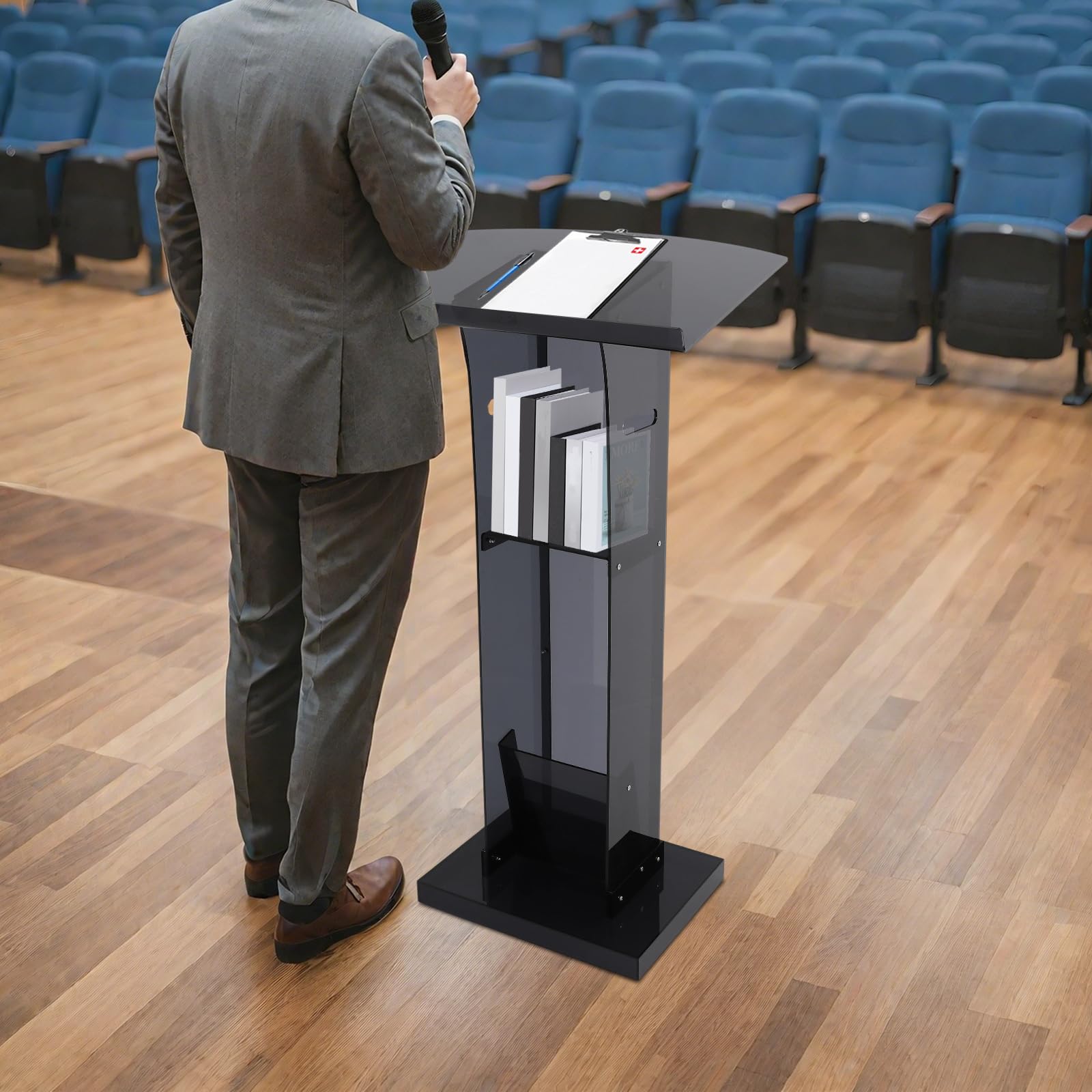 Acryl-Podium Rednerpult Transparent, Stabiler Stehpult mit breiter Lesefläche & Ablagefach, Podium-Ständer für Kirche, Schule, Büro, Hochzeiten und Konferenzen