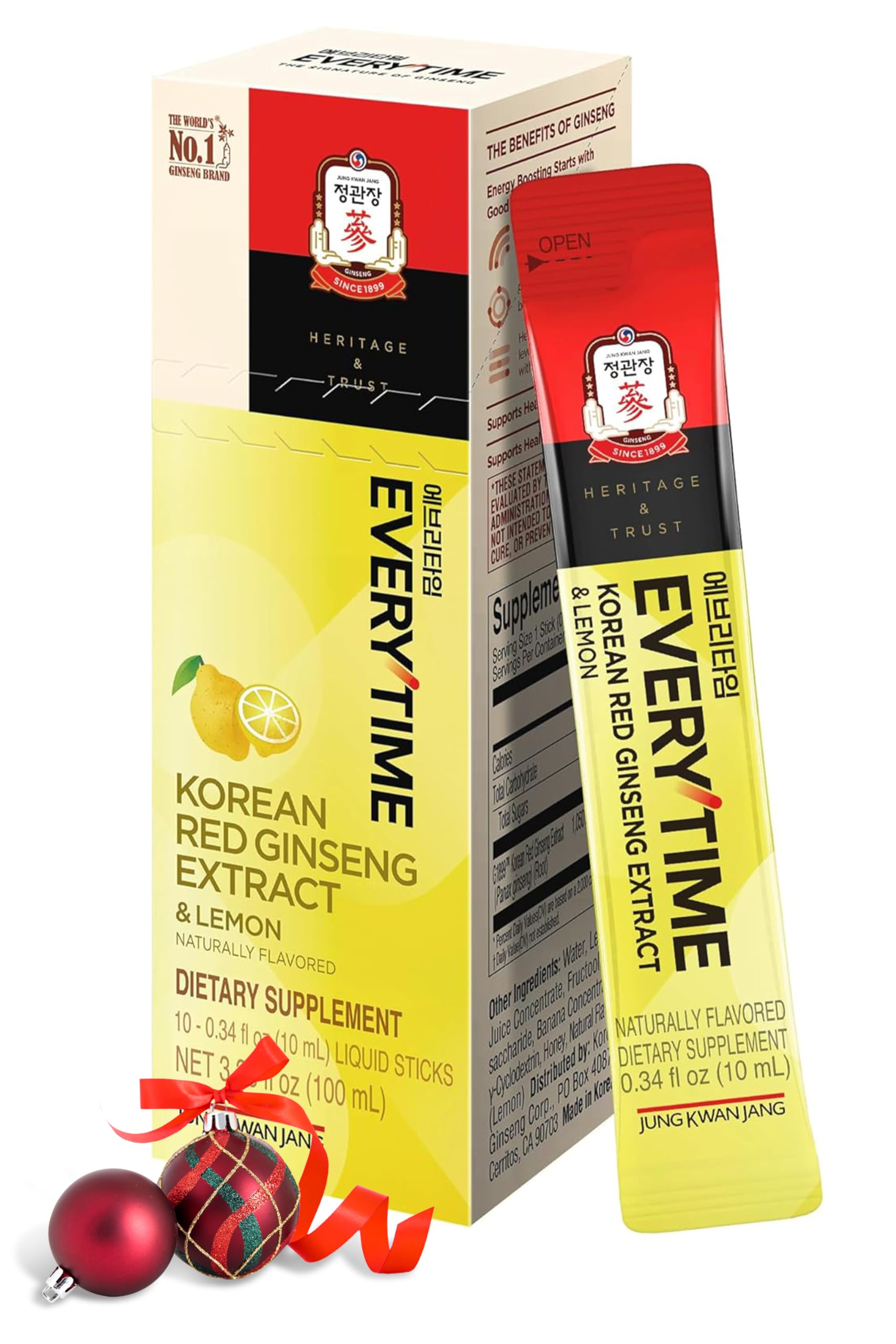 JUNG KWAN JANG Everytime Korean Red Ginseng Extract 1,050mg & Lemon - Vegan Energy Drink Liquid Stick Supplements - Builds Stamina & Immunity, Non-GMO (10 Sticks, 0.34 fl oz)