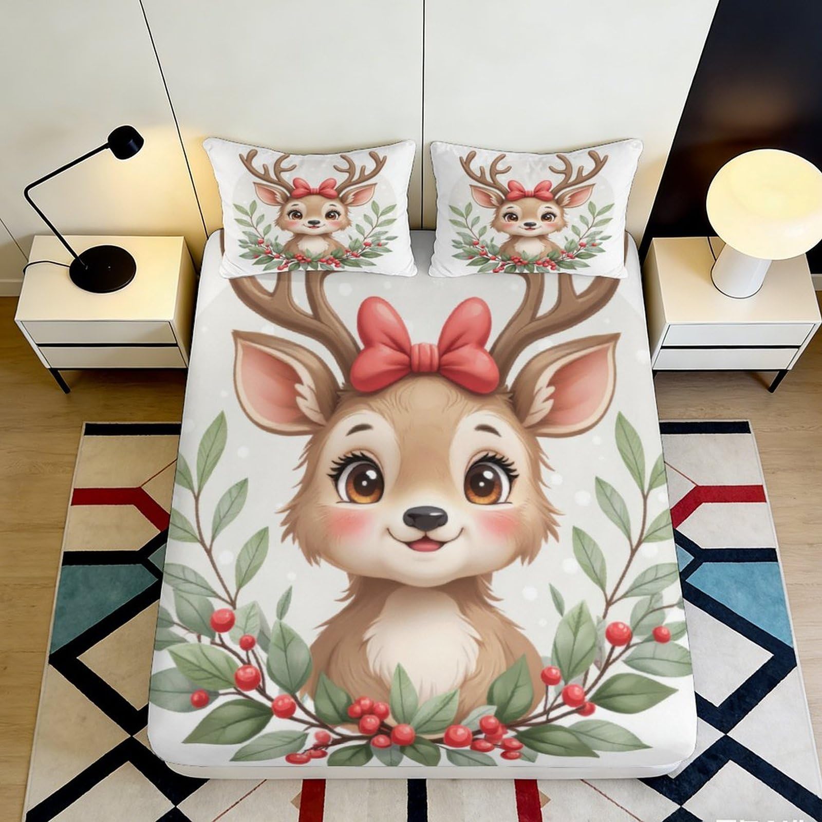 3D Printed Cute Deer Fitted Sheet Microfiber Soft Christmas Red Bow Mattress Cover for Bedroom Dorm Decor Anti-Slip Washable 90x200x25cm