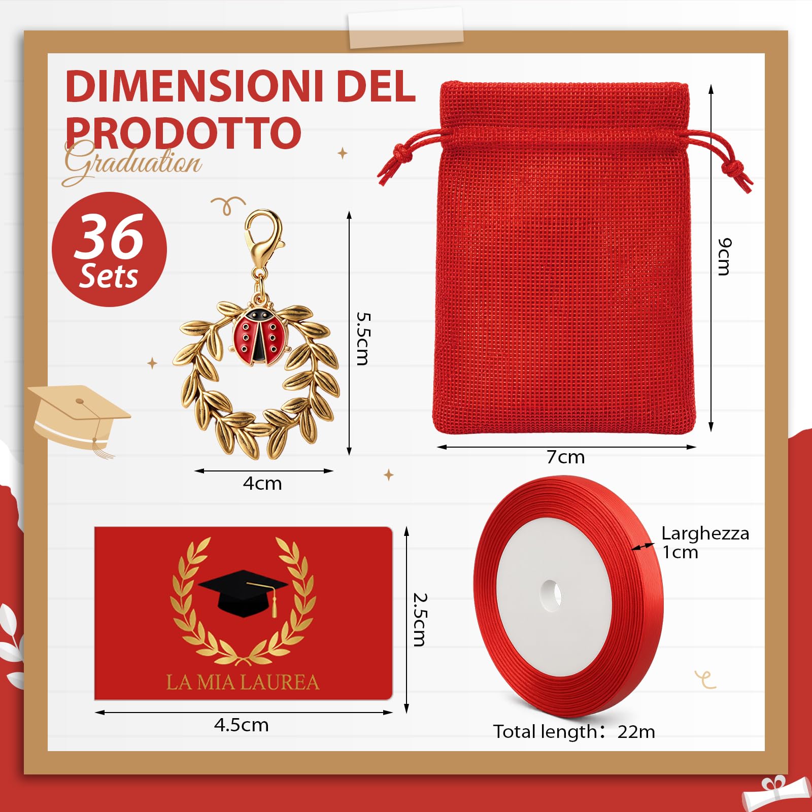 BBTO 36 Sets Bomboniere Laurea Sacchetti Portaconfetti Ciondolo di Corona d'Alloro Coccinella Biglietti e Nastro Rosso Sacchetti Confetti Regalo di Laurea Festa Cerimonia Fai da te(Coccinella)