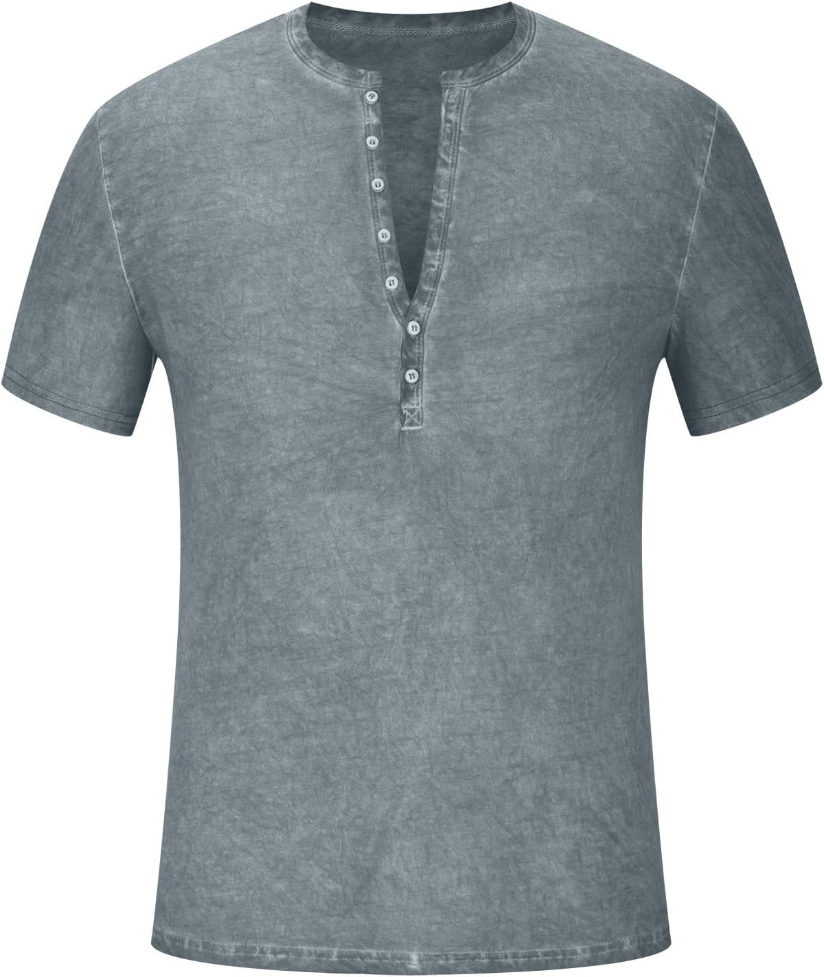 Mens Vintage Henley Shirts Classic Short Sleeve Button Shirts Solid Color Casual Shirt Distressed Acid Washed Cotton Tops