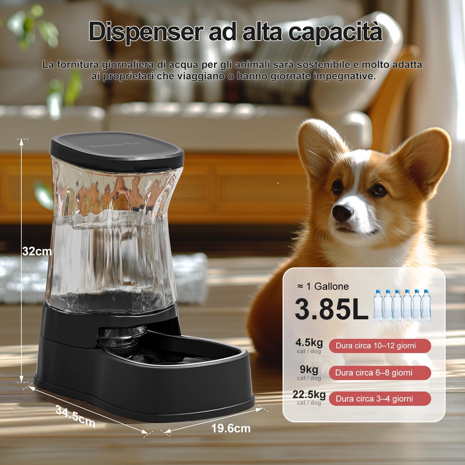 Gardner Pet 3.85L Dispenser Acqua Gatti, Dispenser Acqua Cani con Ciotola in Acciaio Inox, GravitÀ Abbeveratoio per Cani Non è Richiesta ElettricitÀ, Senza BPA, Nero