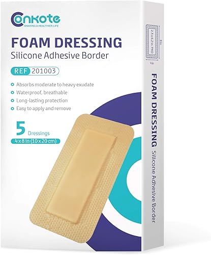 Conkote Apósitos de espuma de silicona de 4 x 8 pulgadas, apósito adhesivo suave para heridas para el cuidado de heridas, caja de 5 apósitos