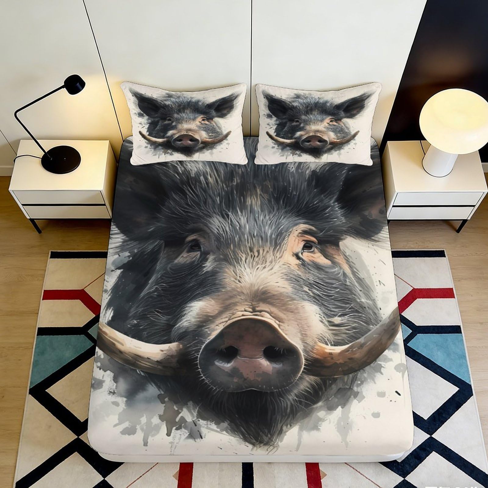 3D Printed Wild Boar Deep Pocket Fitted Sheet Microfiber Bedroom Bedding Elastic Hem Wild Boar Mattress Fitted Cover Washable for Adults 160x200x25cm