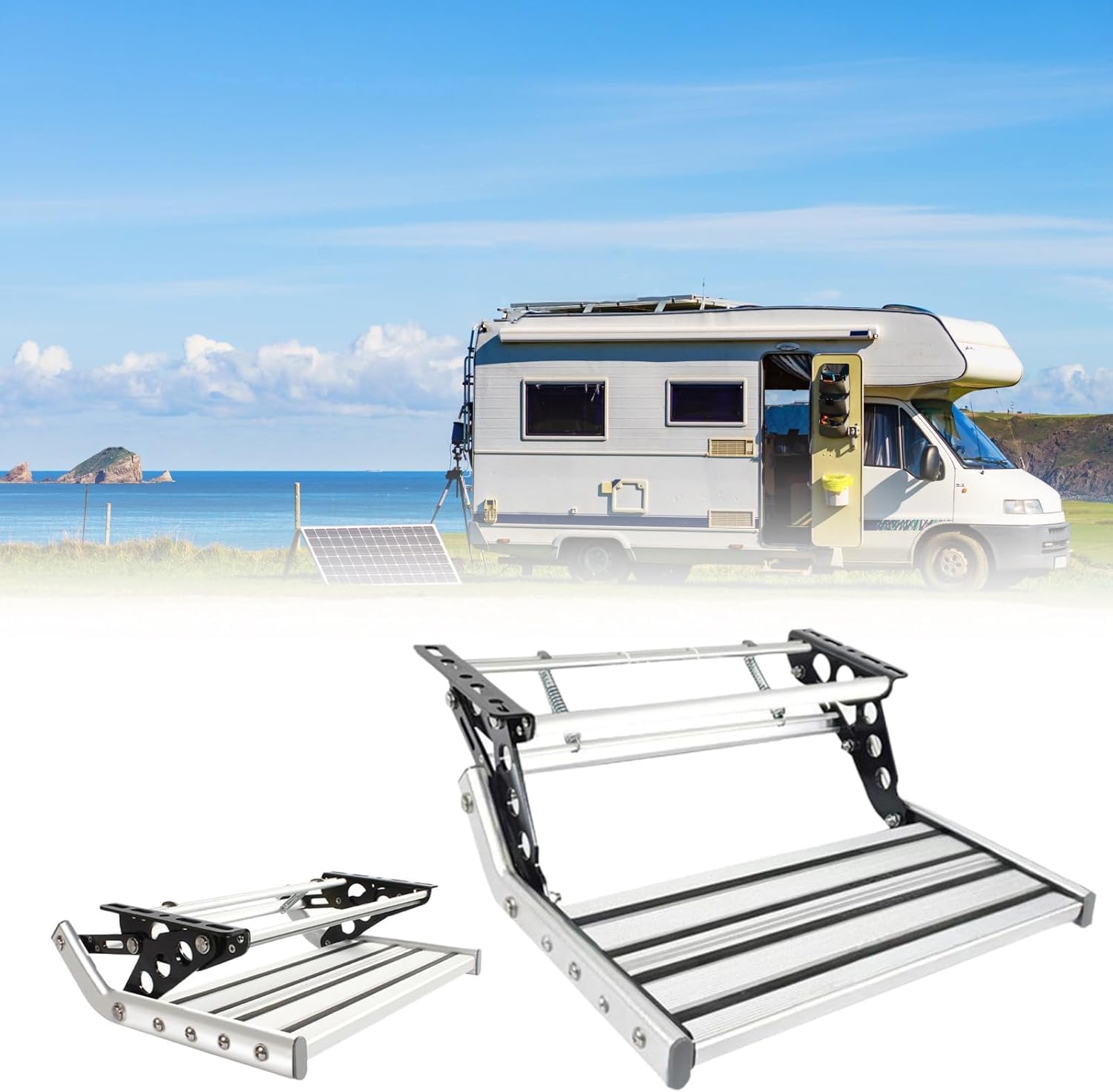 Camper Entry Steps, Telescopic Folding RV Entry Stair, Single Double Layer RV Step, 12V Lighting Voltage, LED Light, for Rv Campervan Motorhome Rv Travel Trailer Single-layermanual(withlight)