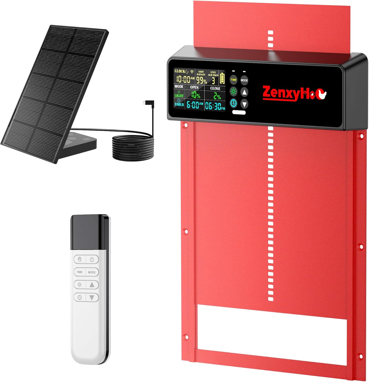 Solar Automatic Chicken Coop Door, Programmable Remote Control with 6 Modes, Aluminum Auto Chicken Door with Color LCD Display, Anti-Pinch Safety
