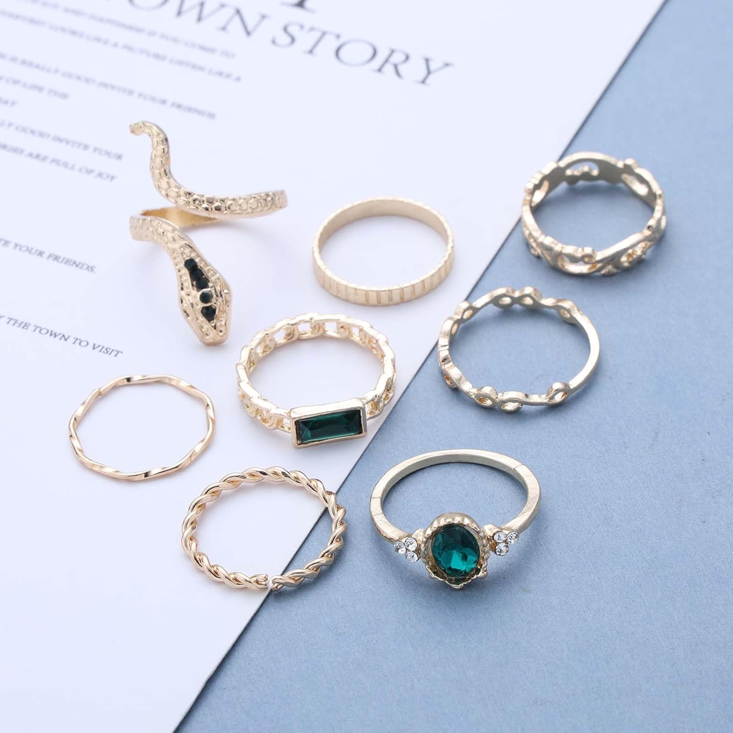 Punk Gold Stackable Knuckle Rings Set Emerald Green Crystal Snake Ring Vintage Stacking Serpent Twist Knot Finger Rings Halloween Jewelry for Women - Image 3