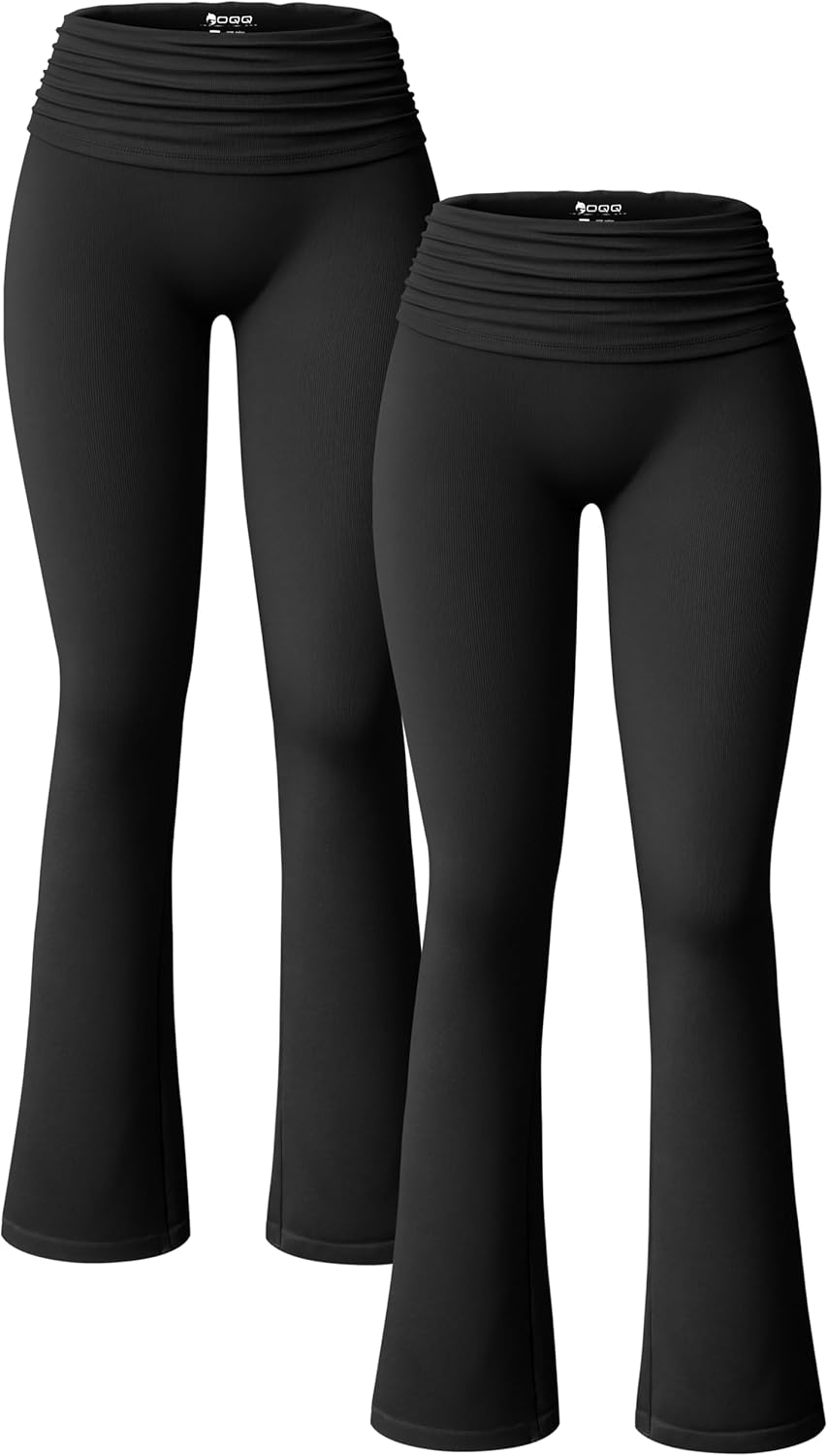 OQQ Women's 2 Piece Flared Pants Ribbed Fold Over Kick Ruched Stretch High Waist Casual Wide Leg
