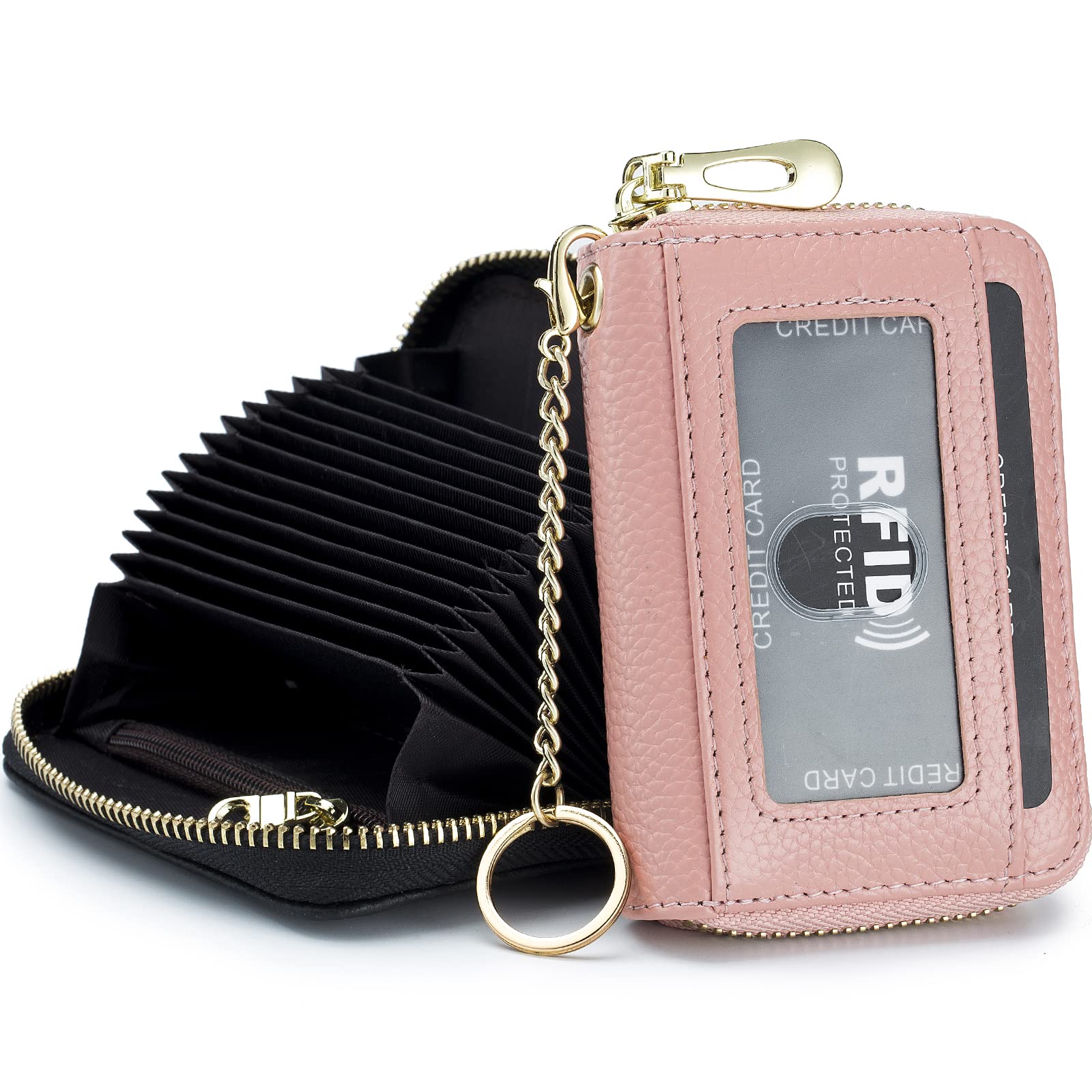imeetu Credit Card Holder for Women RFID Card Holder Wallet Slim Leather Ladies Card Holder with 12 Card Slots, 2 Wide Cash Slots, Keyring & ID Window (Small,Pink)