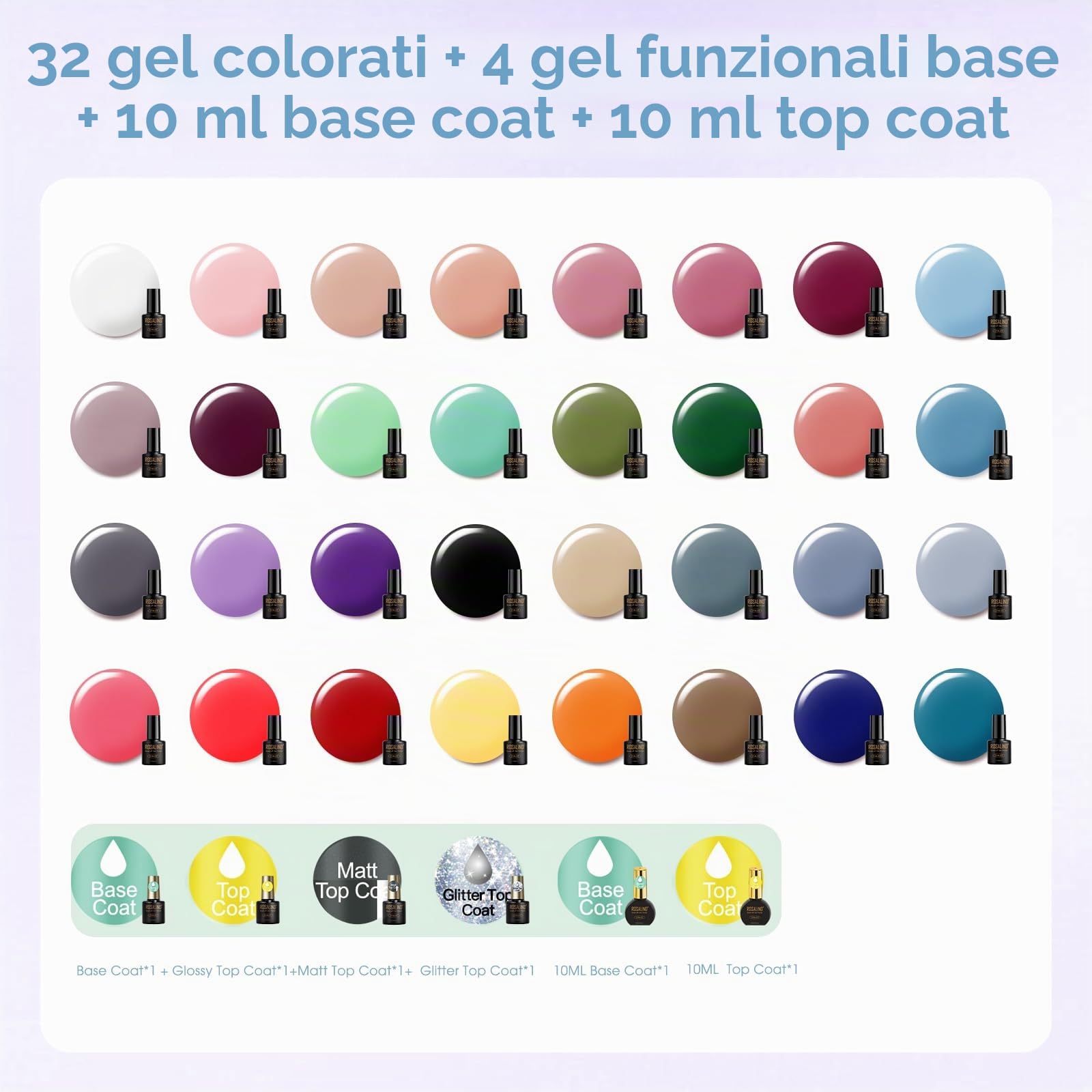 ROSALIND Kit Semipermanente Unghie con 48W UV LED Lampada 32+4 Pezzi | Kit Unghie Gel Completo, Bianco Verde Viola Blu Kit Smalto Semipermanente Completo Marrone Grigio Mini Colori Smalto Regalo