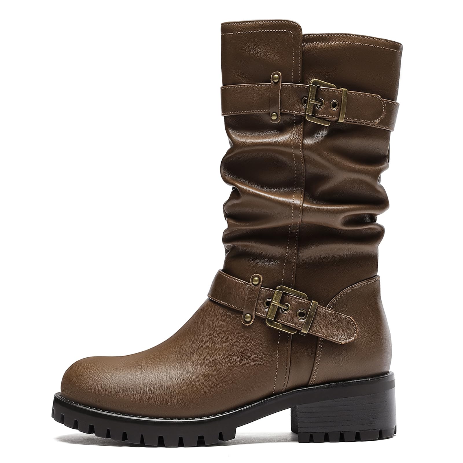 Mid Calf Boots for Women with a Wide Toe Box Motorcycle Biker Riding Boots with Buckles Round Toe