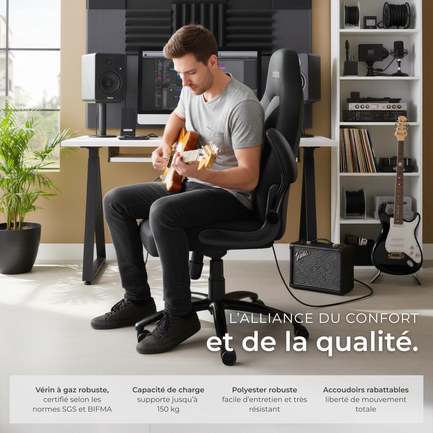 tectake® Chaise de Bureau Chaise Gaming Fauteuil de Bureau Fauteuil pivotant Design 360°, Siege Ergonomique, Fauteuil avec Accoudoirs Rabattables, Appui-tête rembourré, Roulette Teletravail - Noir