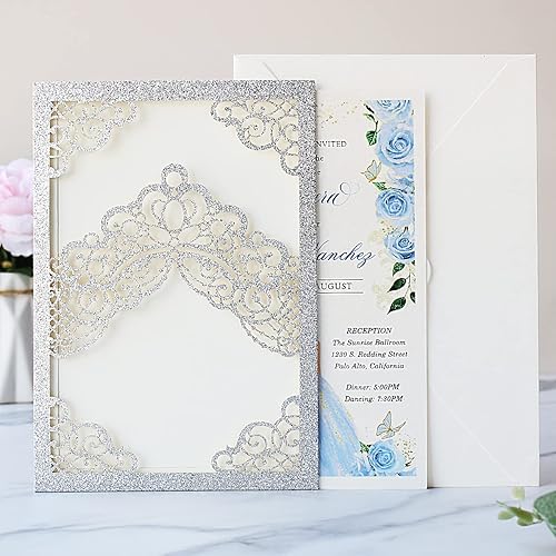 Miniatura 3 de Hosmsua 50 invitaciones de quinceañera con purpurina plateada personalizada de 5.1 x 7.3 pulgadas, corte láser, corona floral, bolsillo, tarjetas de