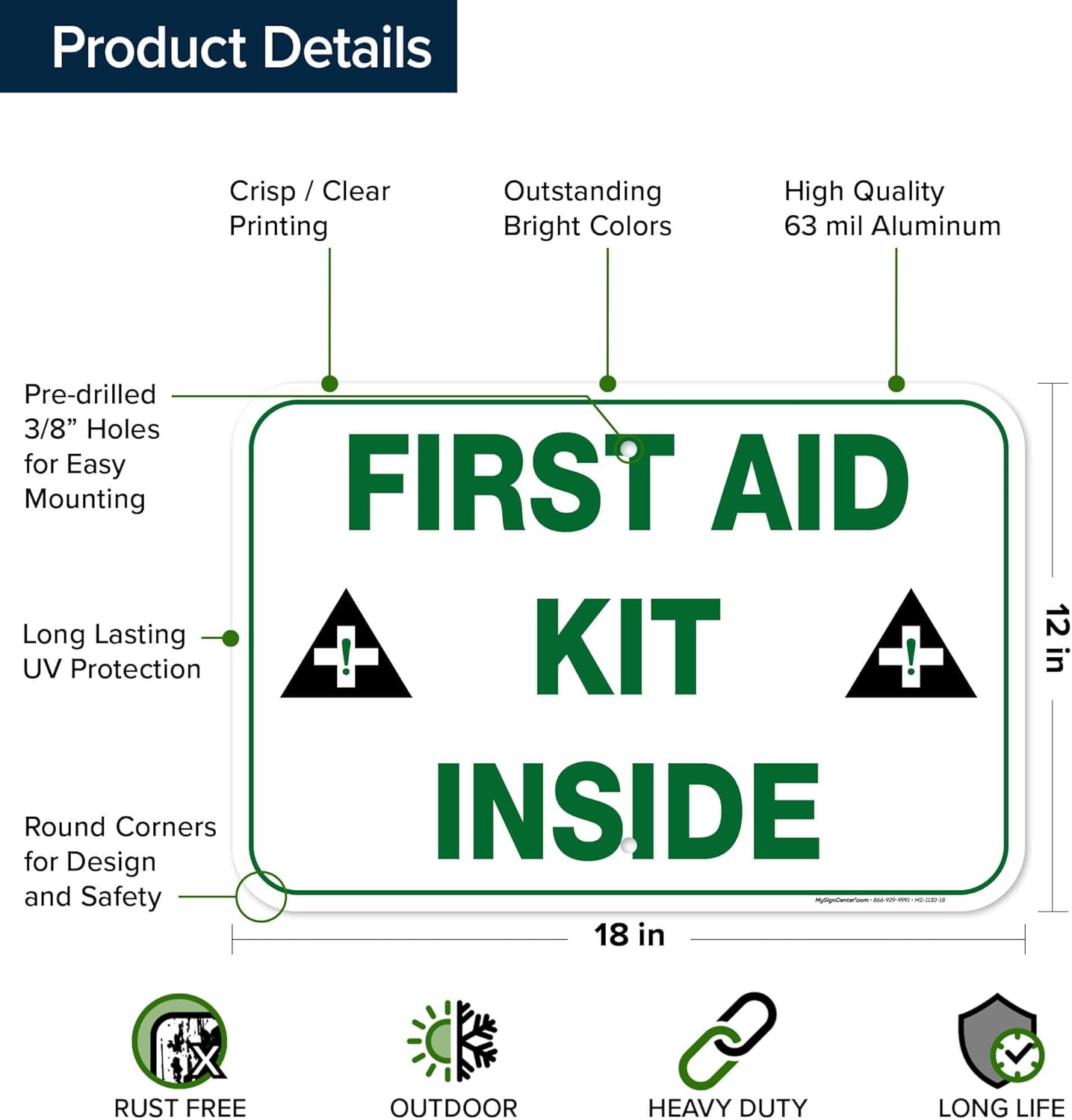 First Aid Kit Inside Sign, 12x18 Inches, Rust Free .063 Aluminum, Fade Resistant, Made in USA by My Sign Center