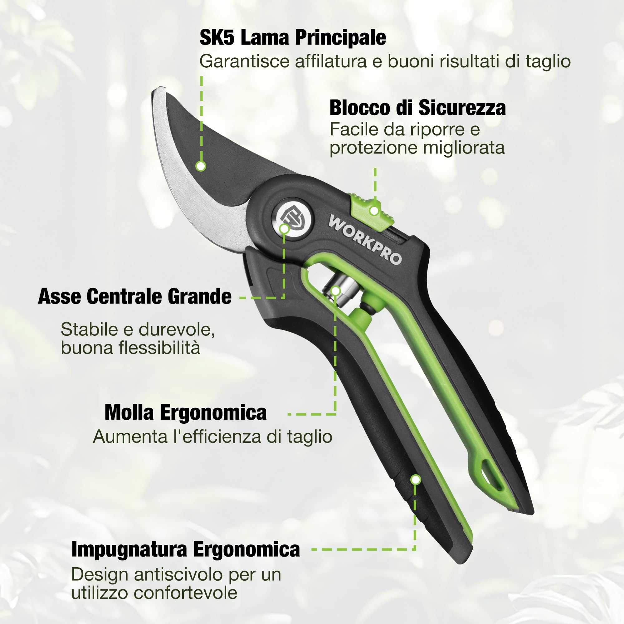 WORKPRO 3-Pezzi Set Forbici Cesoie da Potatura - Bypass, Troncarami a Incudine e Siepi - Attrezzi Giardinaggio Completo per Cura Piante