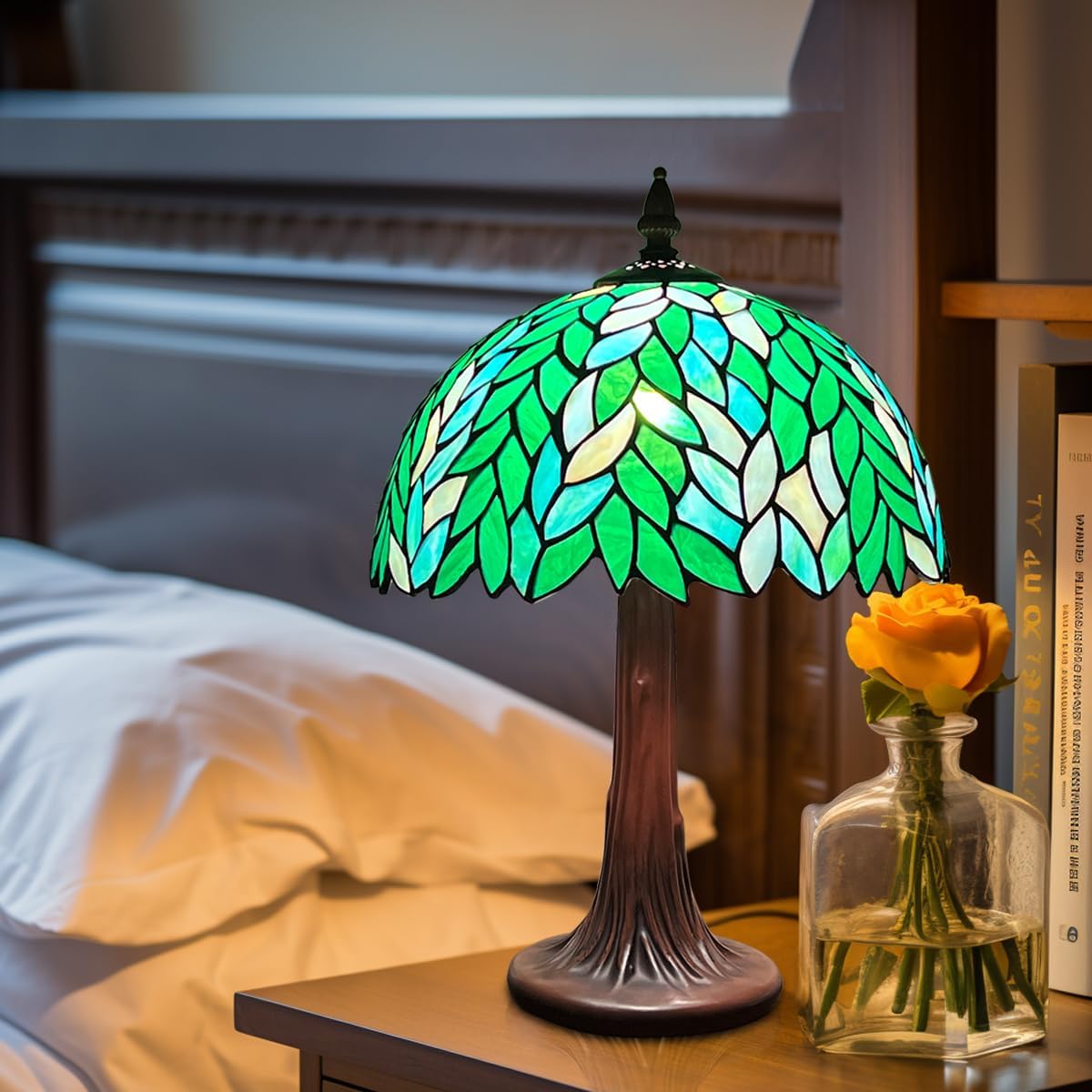 Tiffany Table lamp, Green Wisteria Stained Glass Desk Light - Antique Style 12" Medium Size Nightstand Bedside Reading Light for Living Room Bedroom Office