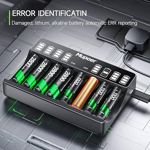 Miniatura 4 de Baterías recargables con cargador, paquete de 4 pilas AA y 4 pilas AAA Ni-MH de alta capacidad y cargador de pantalla LCD AA AAA, combo de cargador