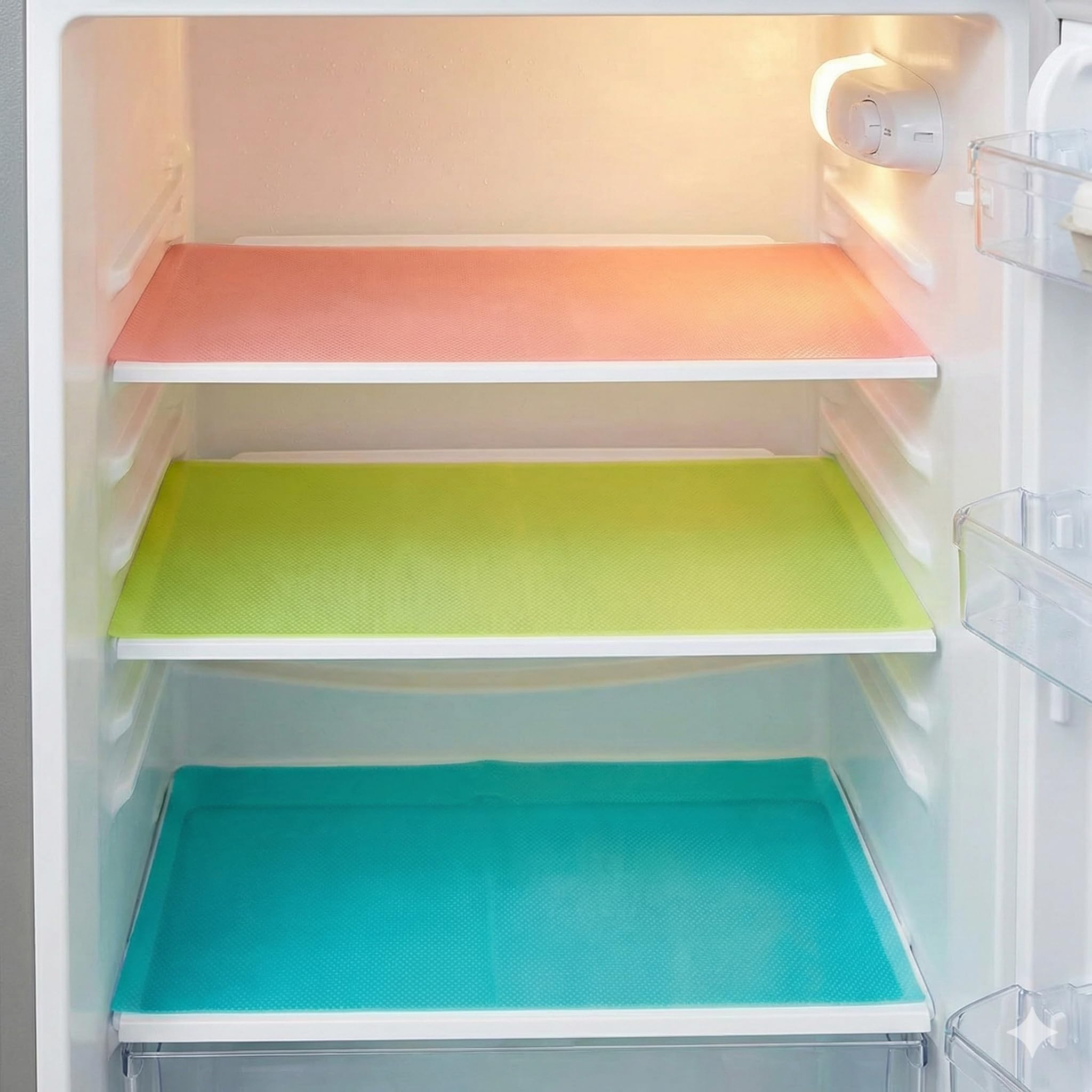 YELONA Refrigerator Mats (Pack of 6) - Washable & Waterproof Fridge Liners for Shelves - Anti-Slip, Cut-to-Fit Polyvinyl Placemats for Drawers, Cabinets & Tables (2 Blue, 2 Green, 2 Pink, 45cm x 29cm) 1